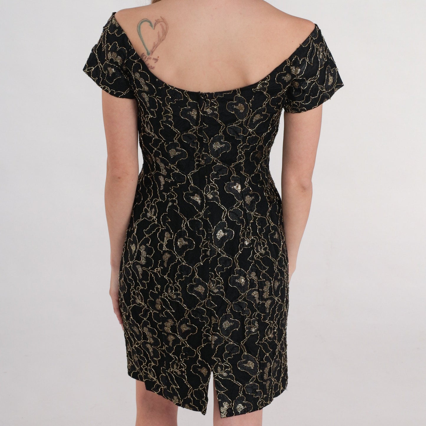 90s Black Metallic Gold Floral Off-Shoulder Mini Dress Extra Small XS