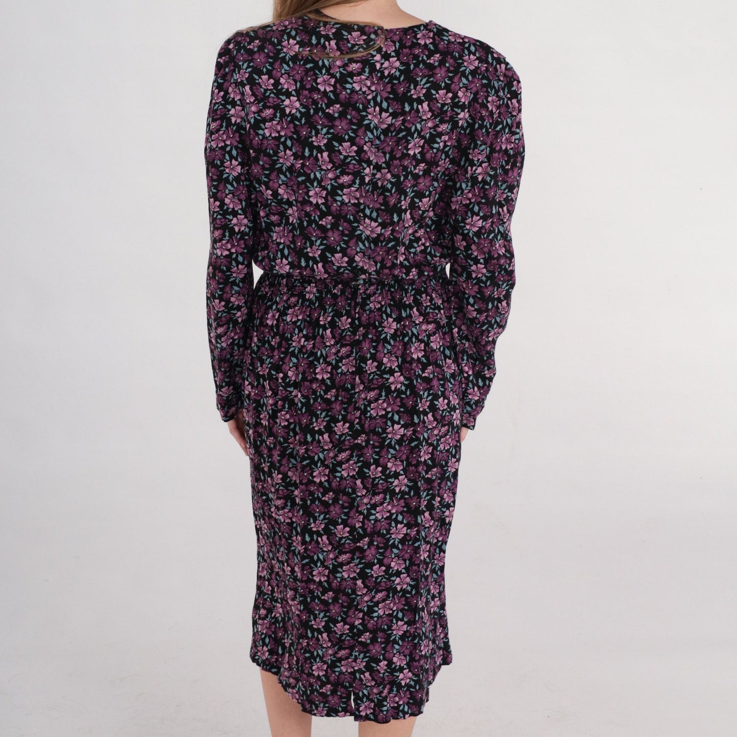 90s Karin Stevens Floral Midi Dress Purple Puff Sleeve V-Neck Small