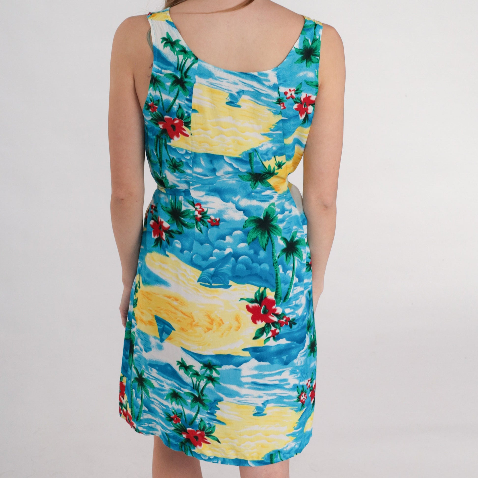 00s Blue Hawaiian Tropical Floral Mini Dress Sleeveless Tie Belt Small S