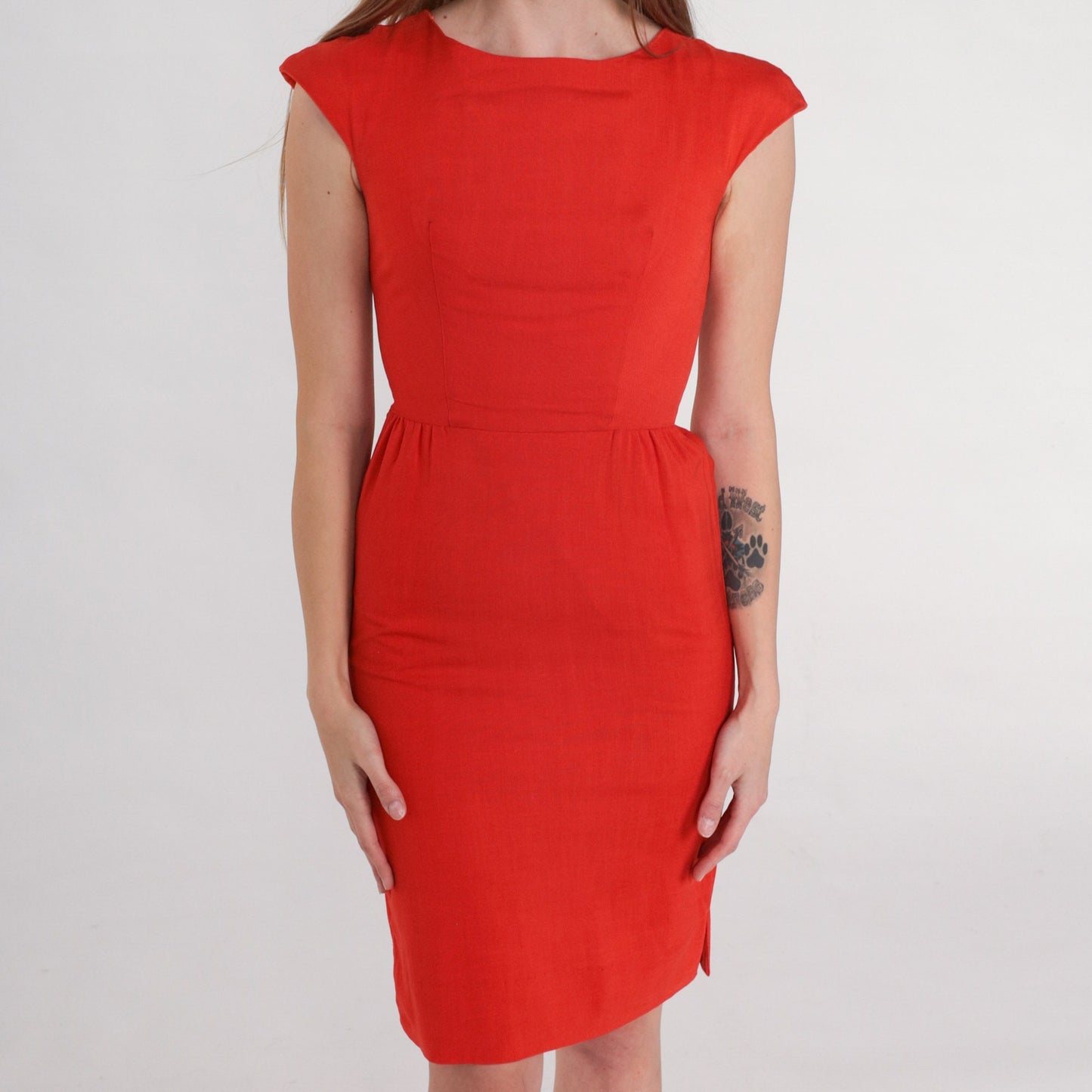 1960s Red Pencil Dress Cap Sleeve Mini Wiggle Sheath Cocktail XXS