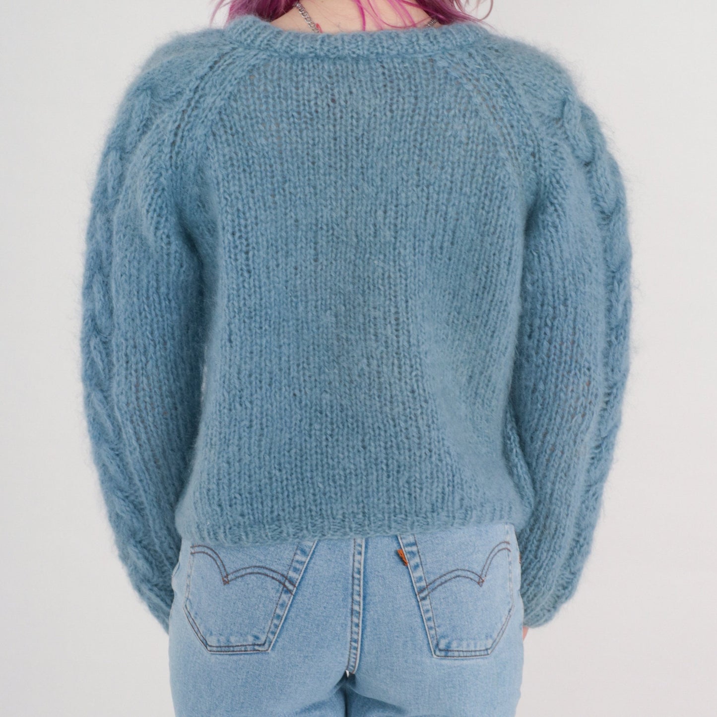 80s Blue Mohair Cable Knit V-Neck Sweater Open Weave Pullover Medium