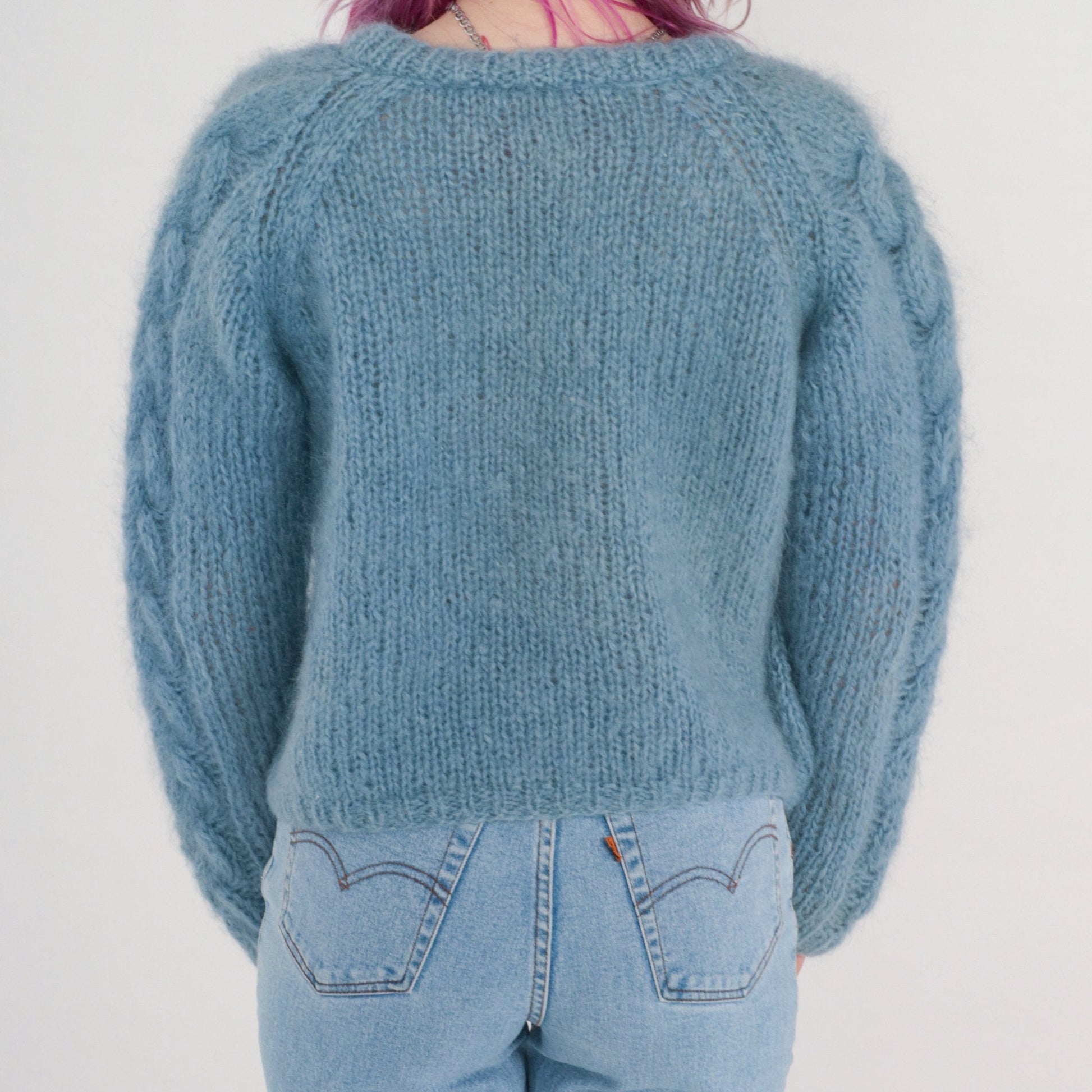 80s Blue Mohair Cable Knit V-Neck Sweater Open Weave Pullover Medium