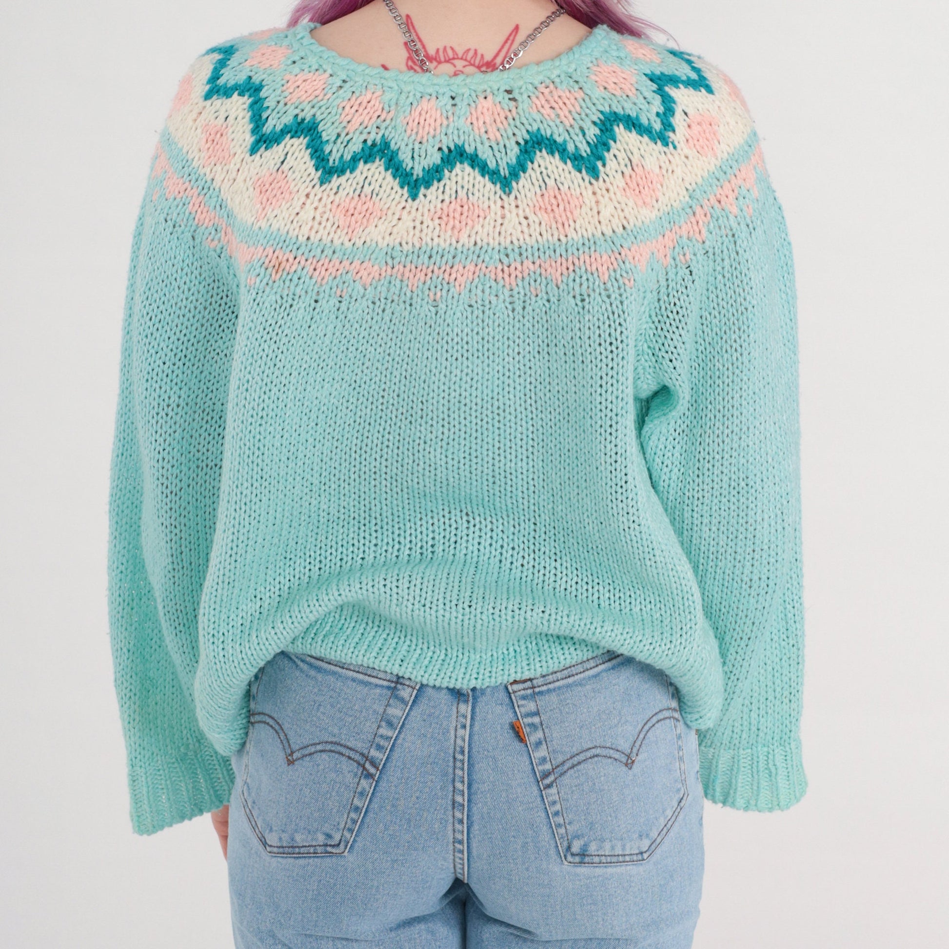 90s Hunters Glen Fair Isle Cable Knit Sweater Blue Pastel Large L