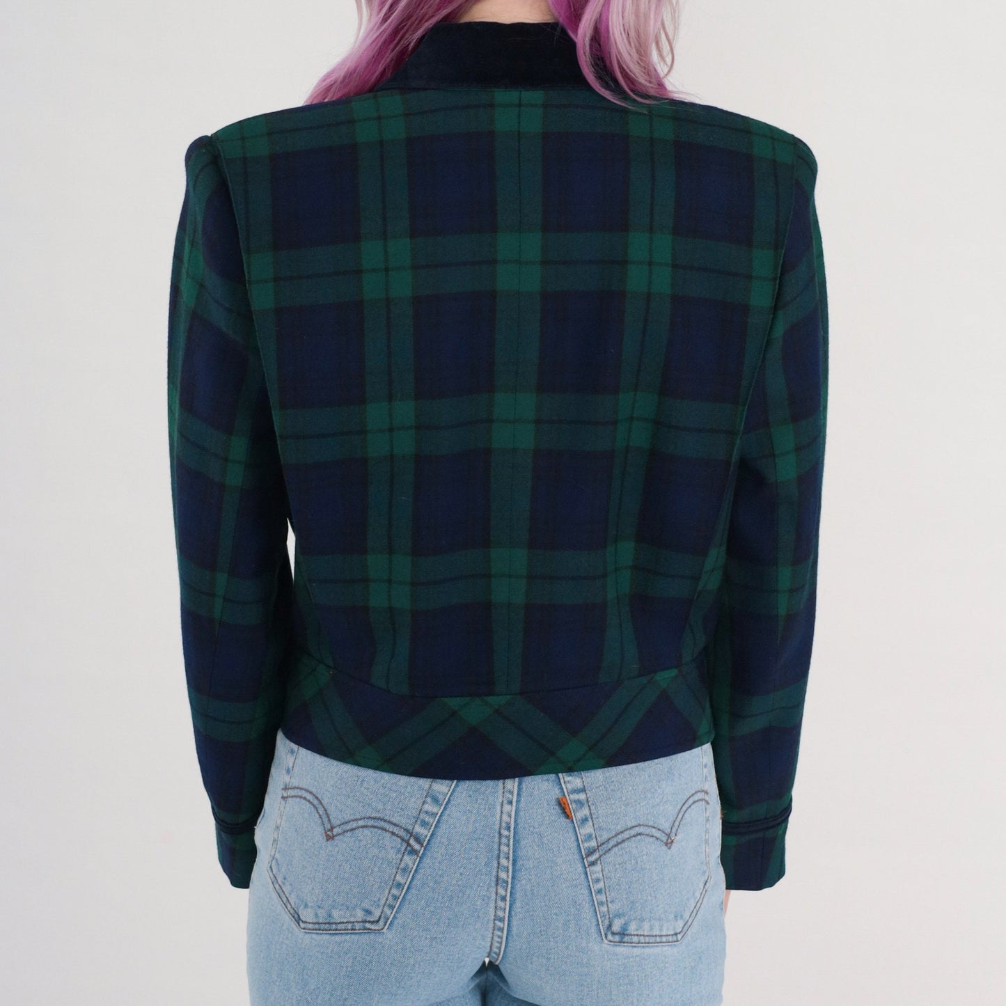 90s Talbots Plaid Wool Blazer Cropped Blue Green Tartan Small 6
