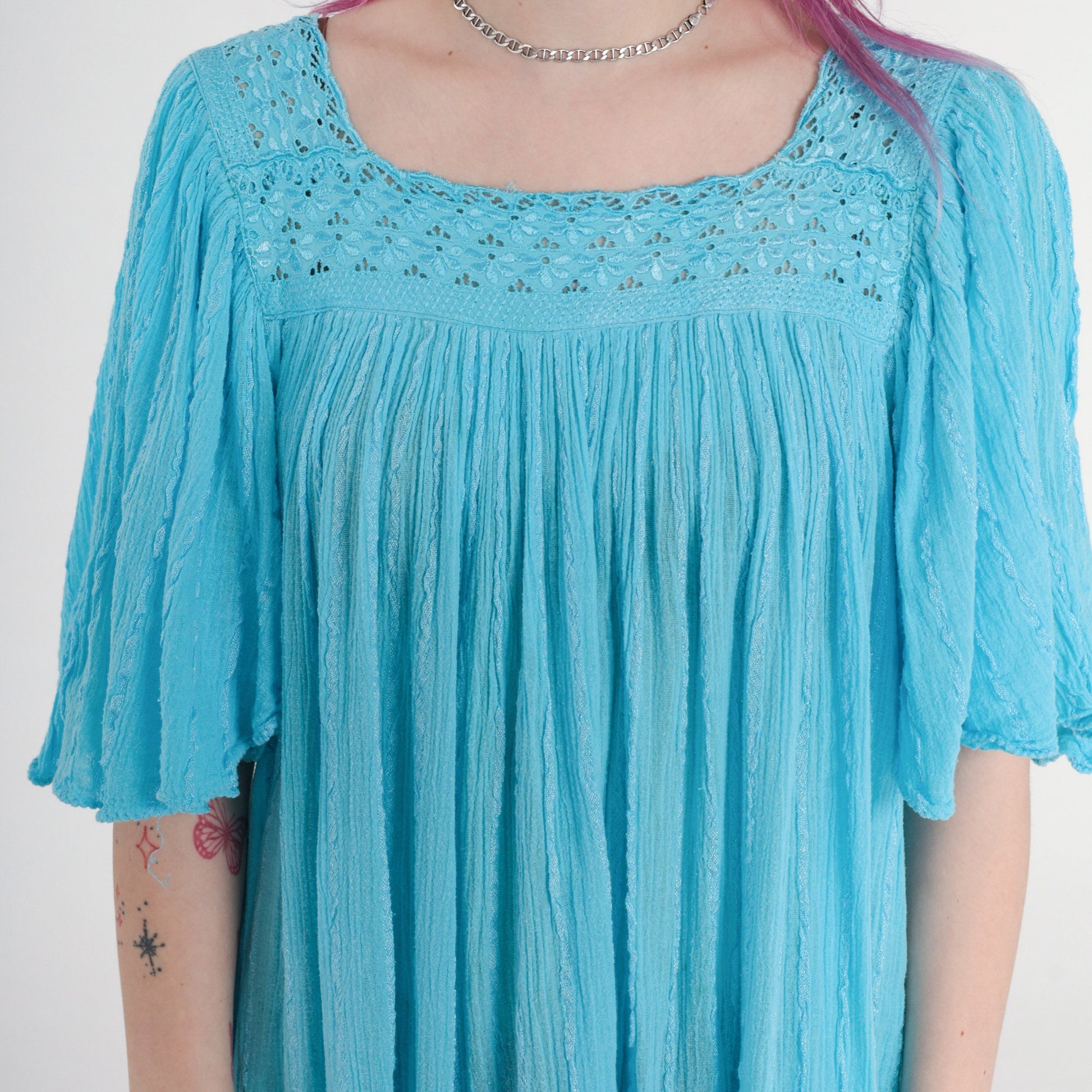 80s Blue Cotton Gauze Midi Dress Embroidered Cutout Flutter Sleeve Medium Large