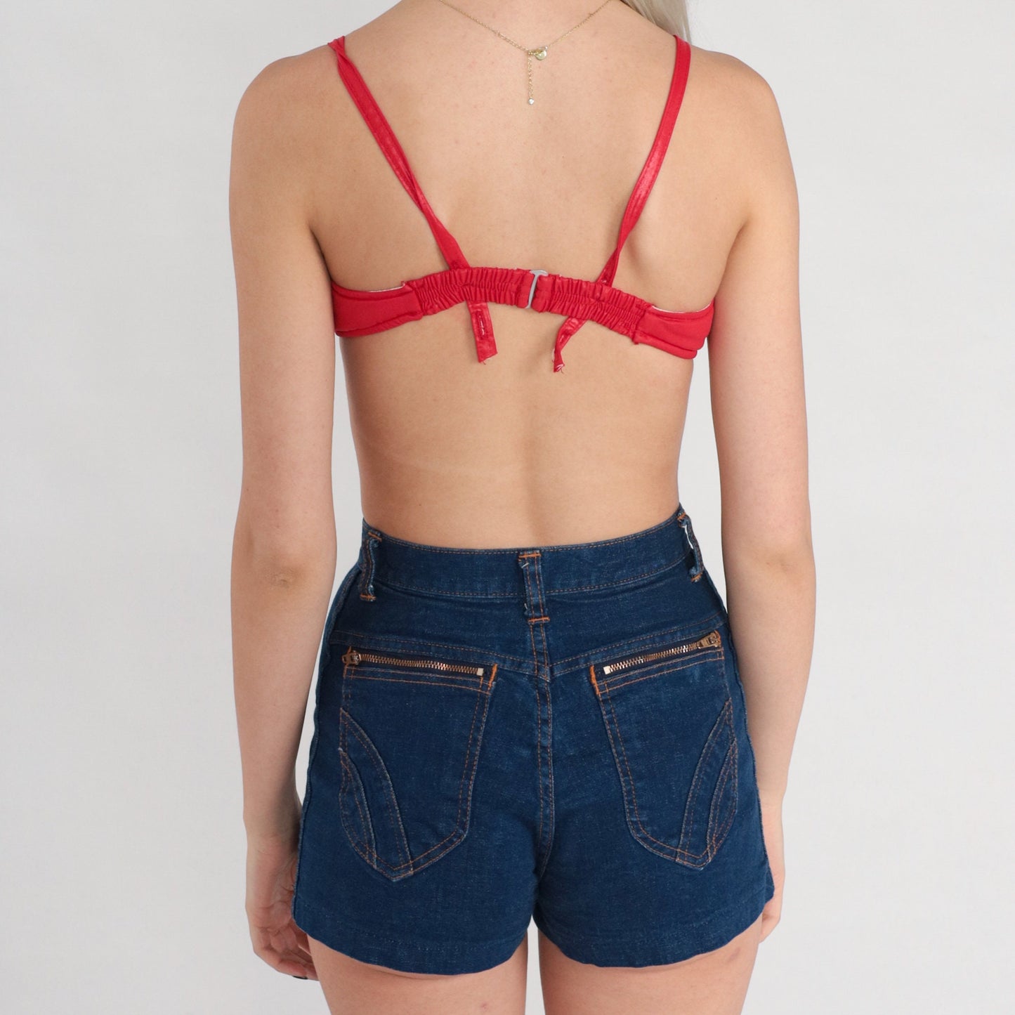 70s Red Nylon Bikini Top Padded Tie Front Swimwear XS