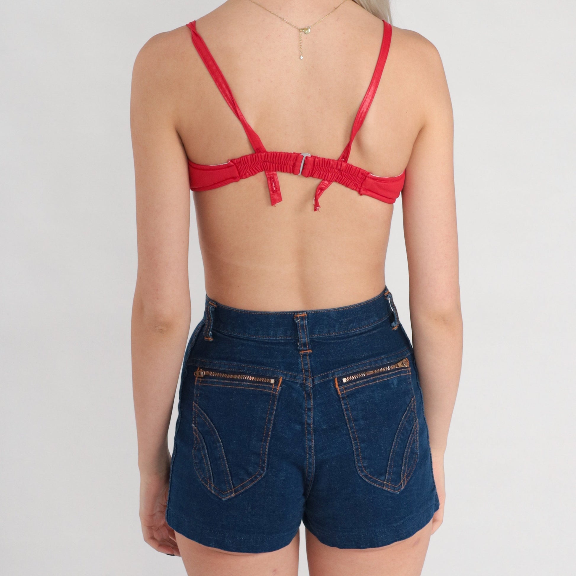 70s Red Nylon Bikini Top Padded Tie Front Swimwear XS