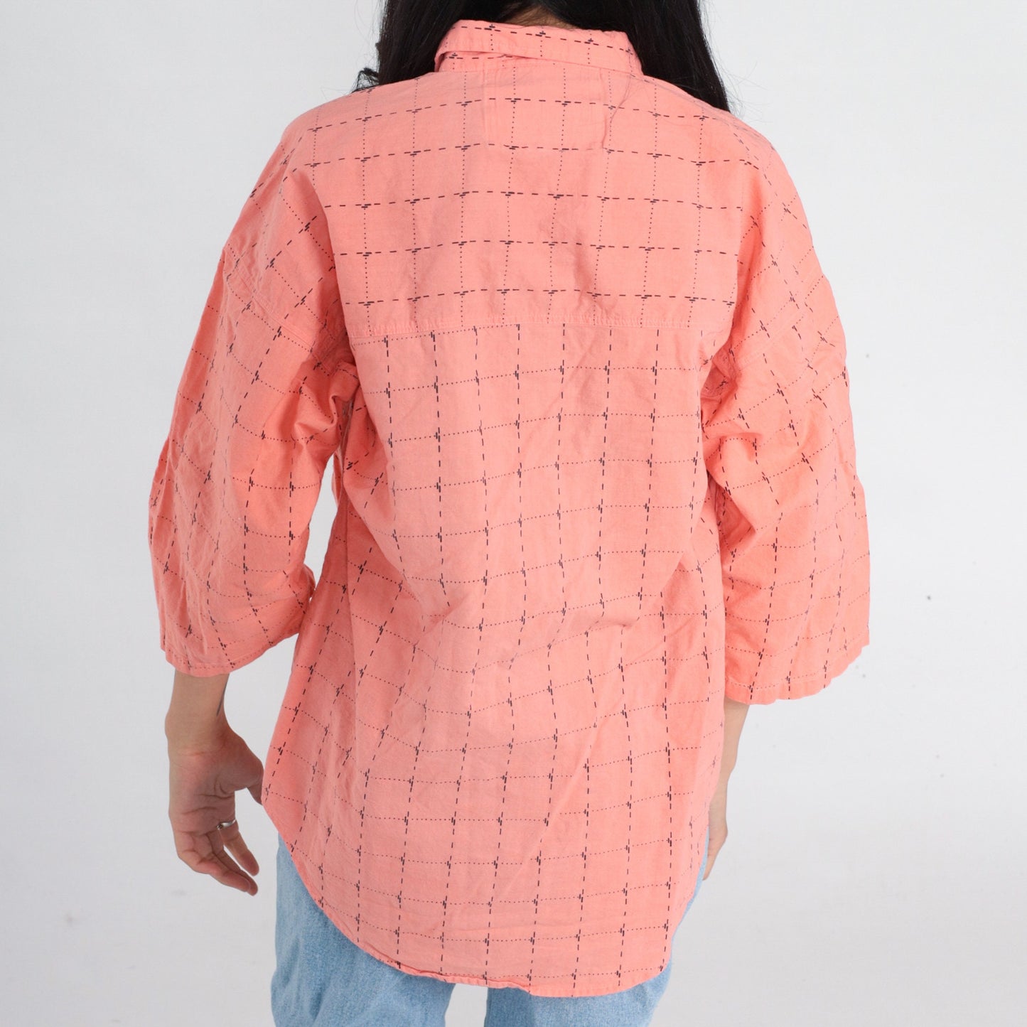 90s Peach Pink Checkered Cotton Button-Up Shirt 3/4 Sleeve Medium