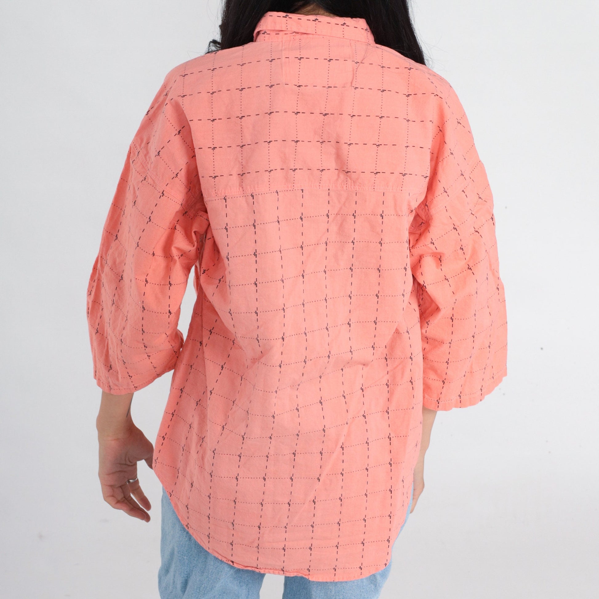 90s Peach Pink Checkered Cotton Button-Up Shirt 3/4 Sleeve Medium