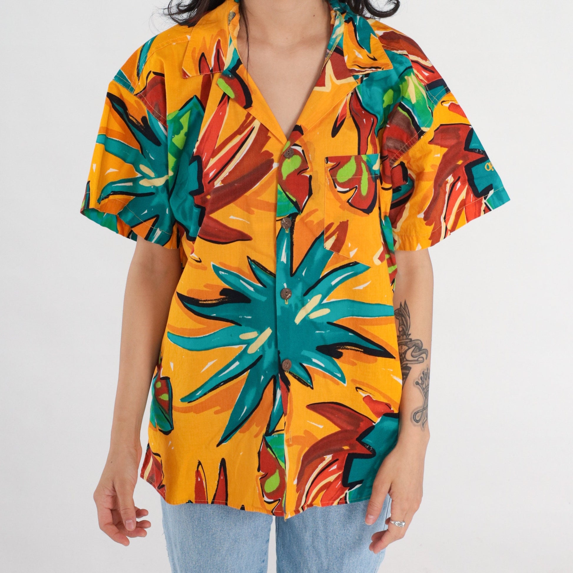 90s Yellow Tropical Leaf Print Button-Up Shirt Men's Extra Large
