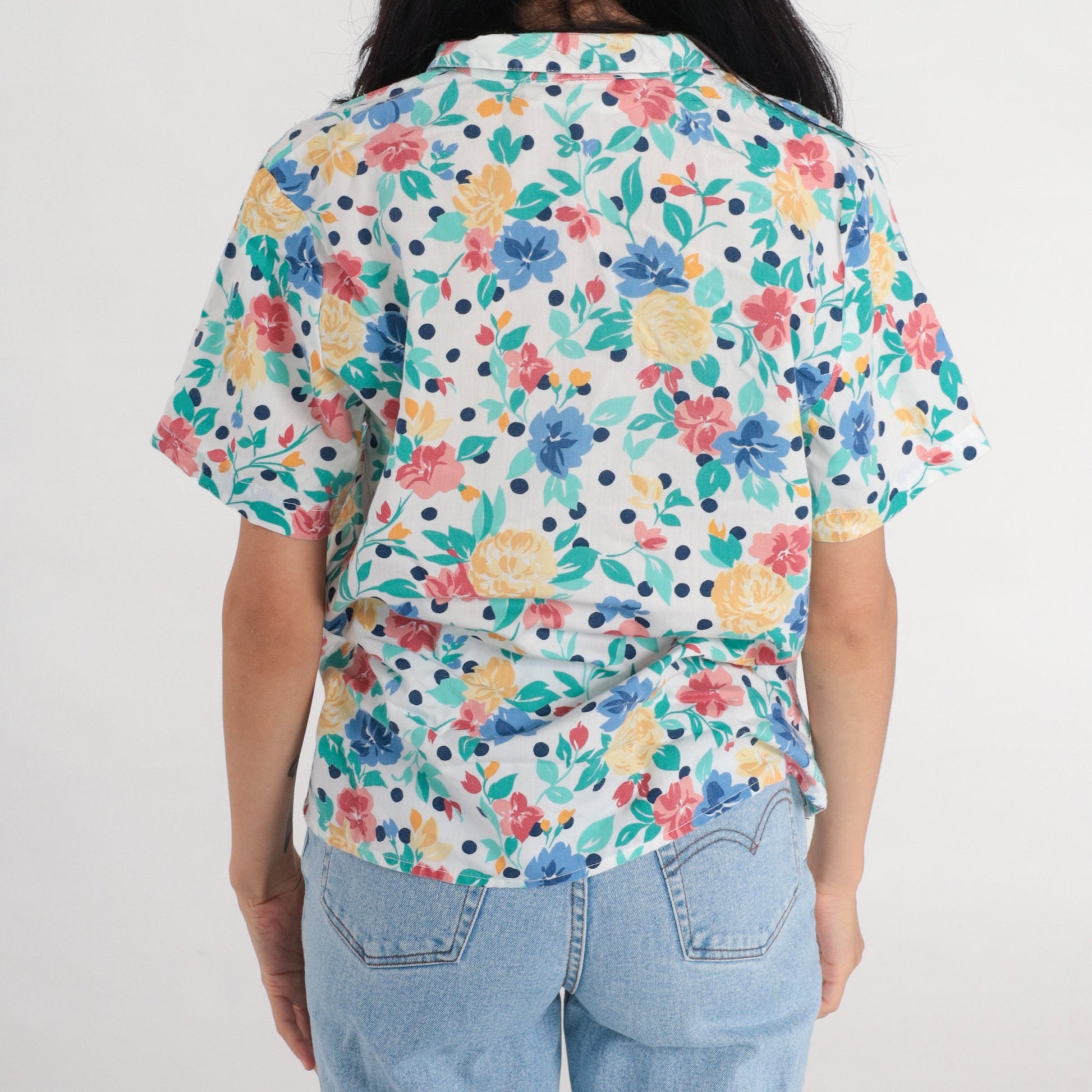 80s Floral Polka Dot Button-Up Blouse White Short Sleeve Medium M