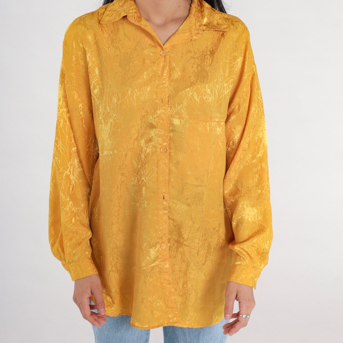80s Yellow Embossed Abstract Button-Up Blouse Long Sleeve Collared Large L