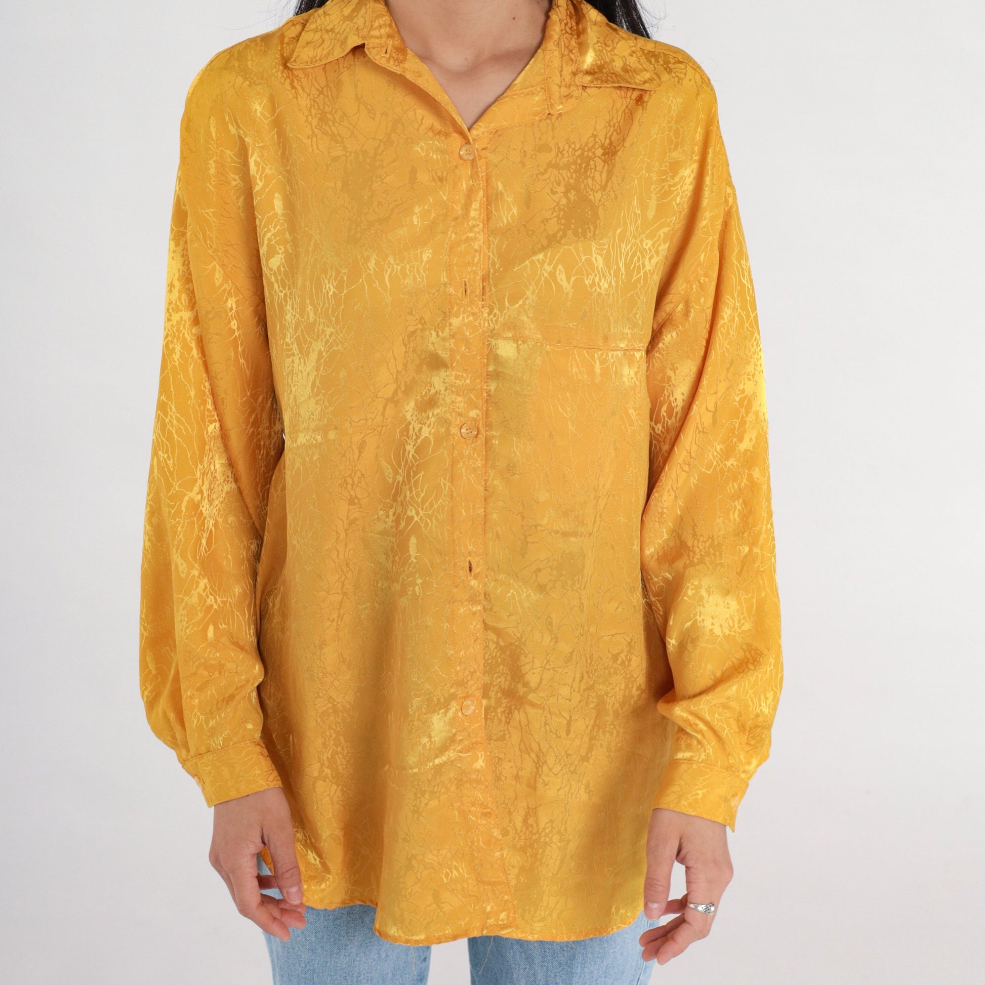 80s Yellow Embossed Abstract Button-Up Blouse Long Sleeve Collared Large L