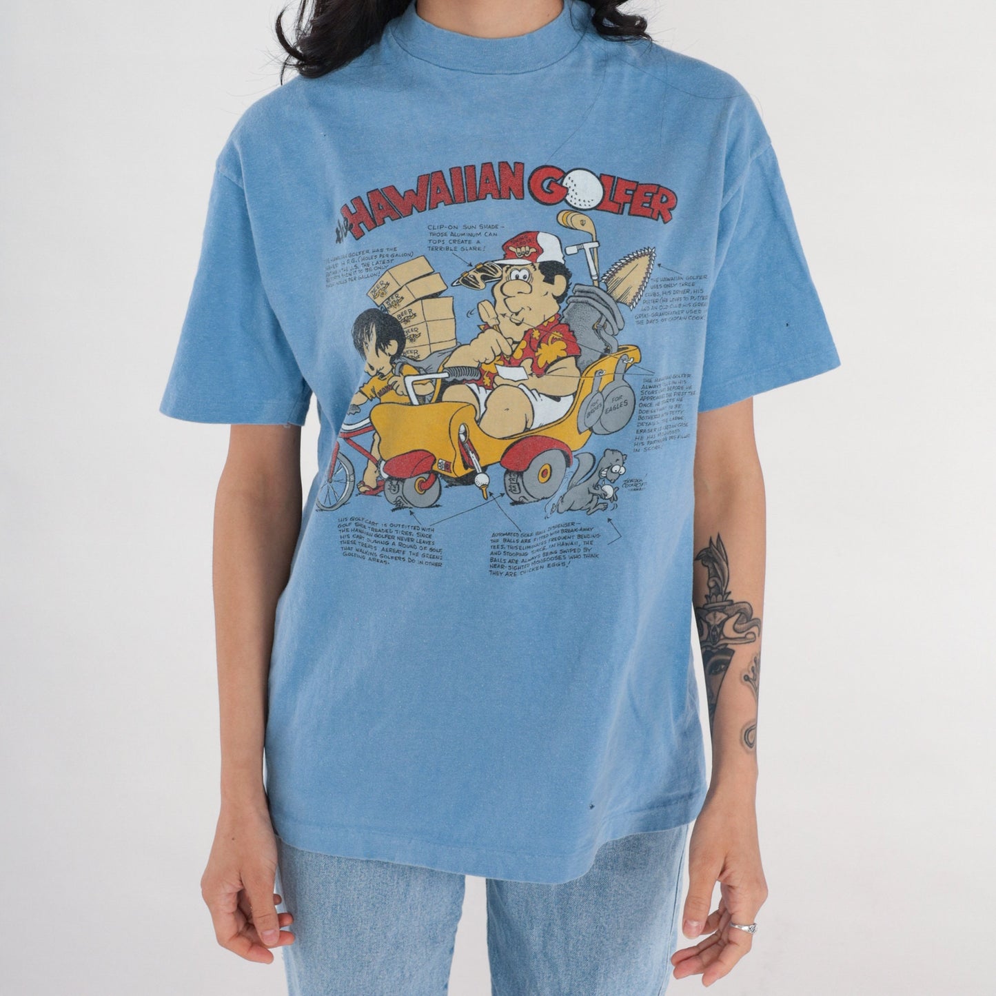 90s Hawaiian Golfer Graphic T-Shirt Blue Funny Sports Joke Tee Medium