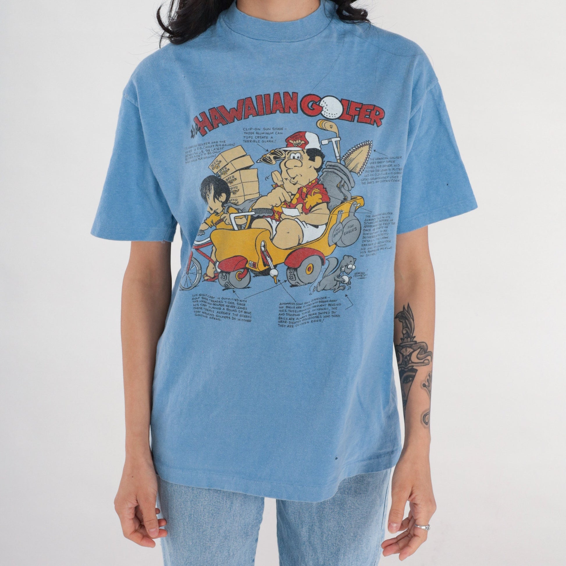 90s Hawaiian Golfer Graphic T-Shirt Blue Funny Sports Joke Tee Medium