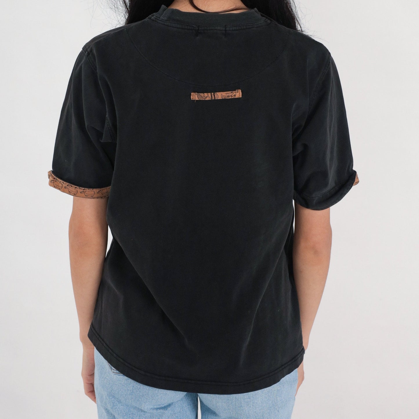 90s Hawaii Hula Dancer Graphic T-Shirt Black Cotton Cuffed Sleeve Medium M
