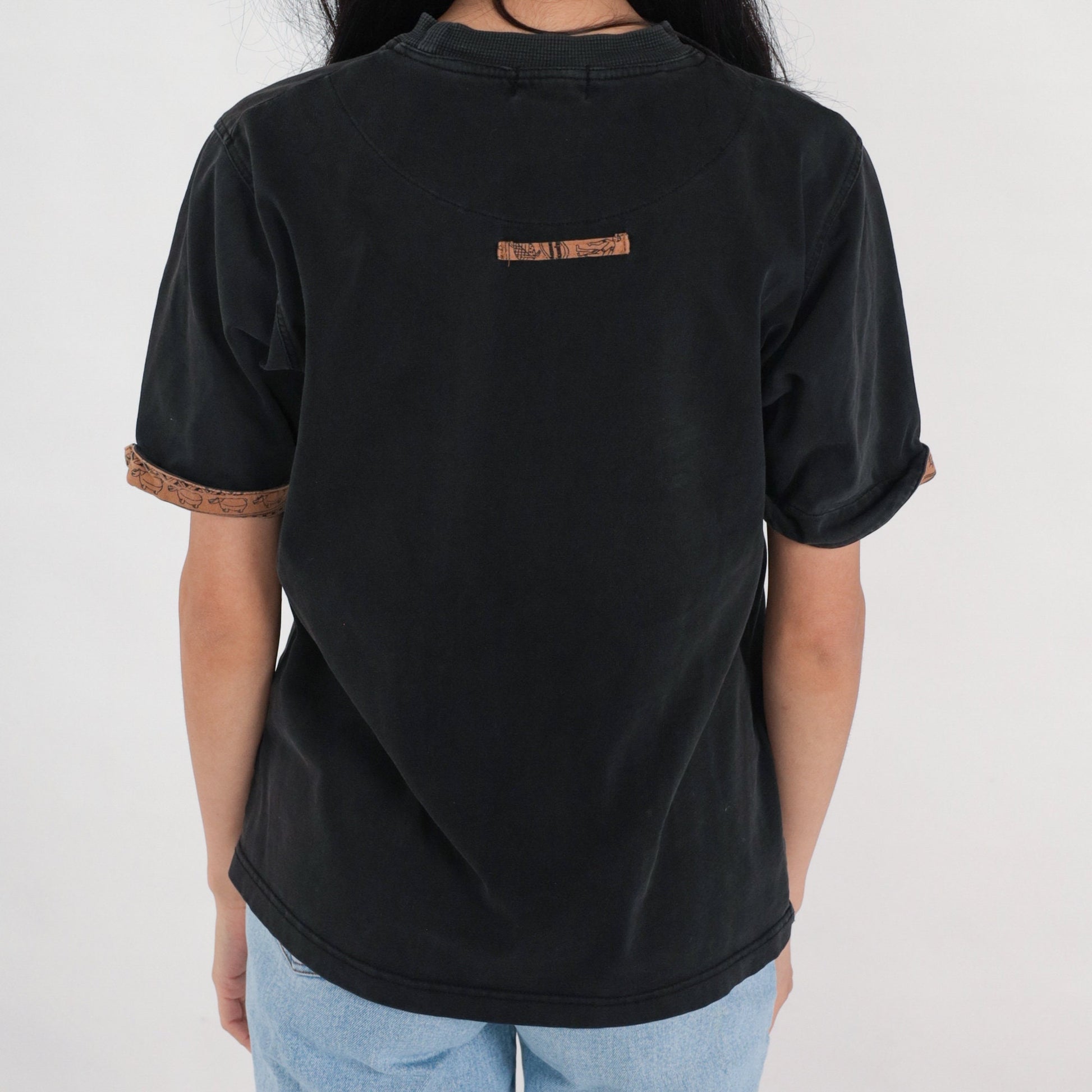 90s Hawaii Hula Dancer Graphic T-Shirt Black Cotton Cuffed Sleeve Medium M