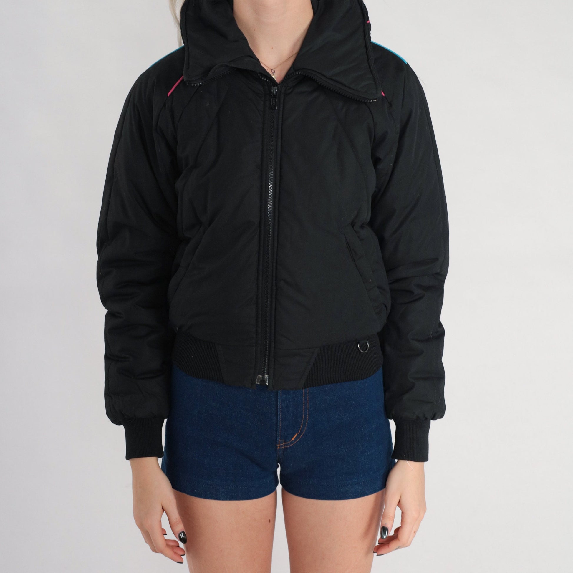 70s Black Puffer Ski Jacket Pink Blue Piping Zip Bomber Extra Small