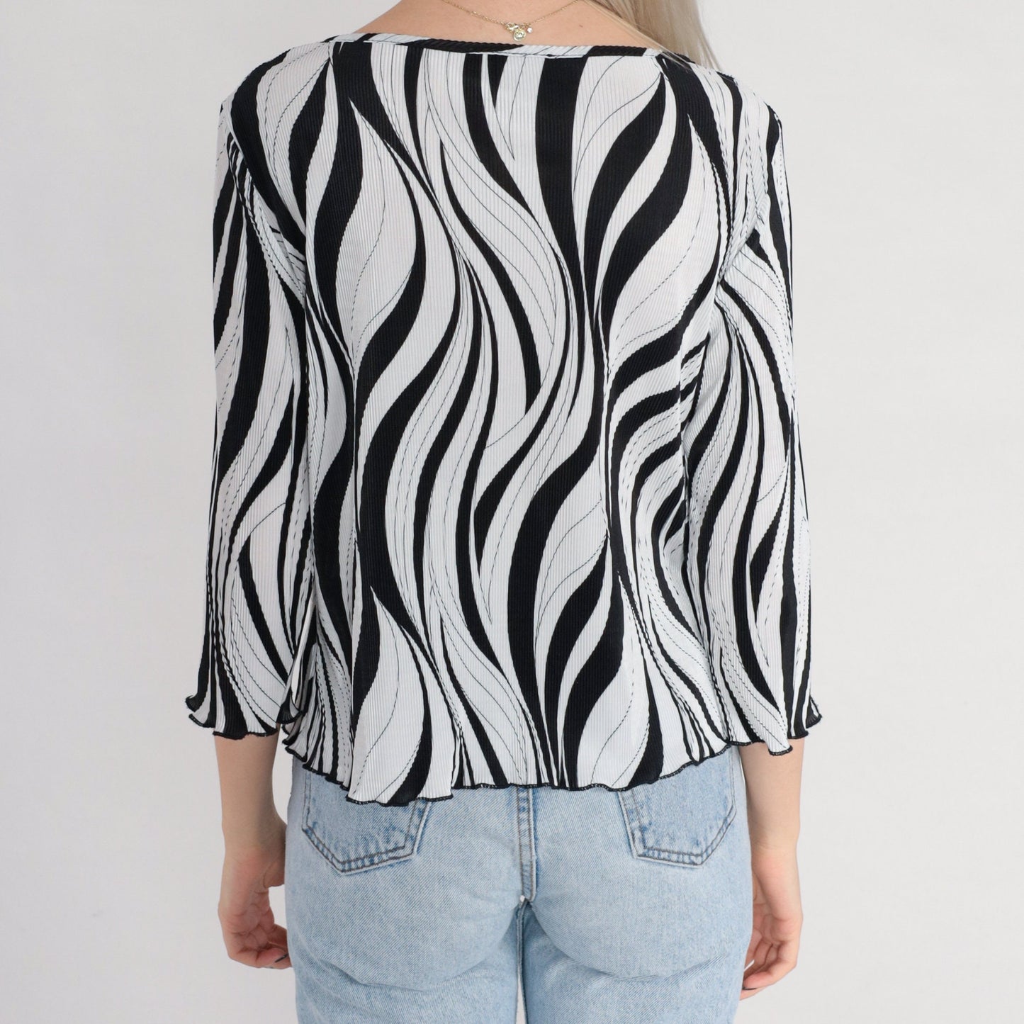 00s Black and White Abstract Pleated Blouse Zebra Print 3/4 Sleeve Medium Large