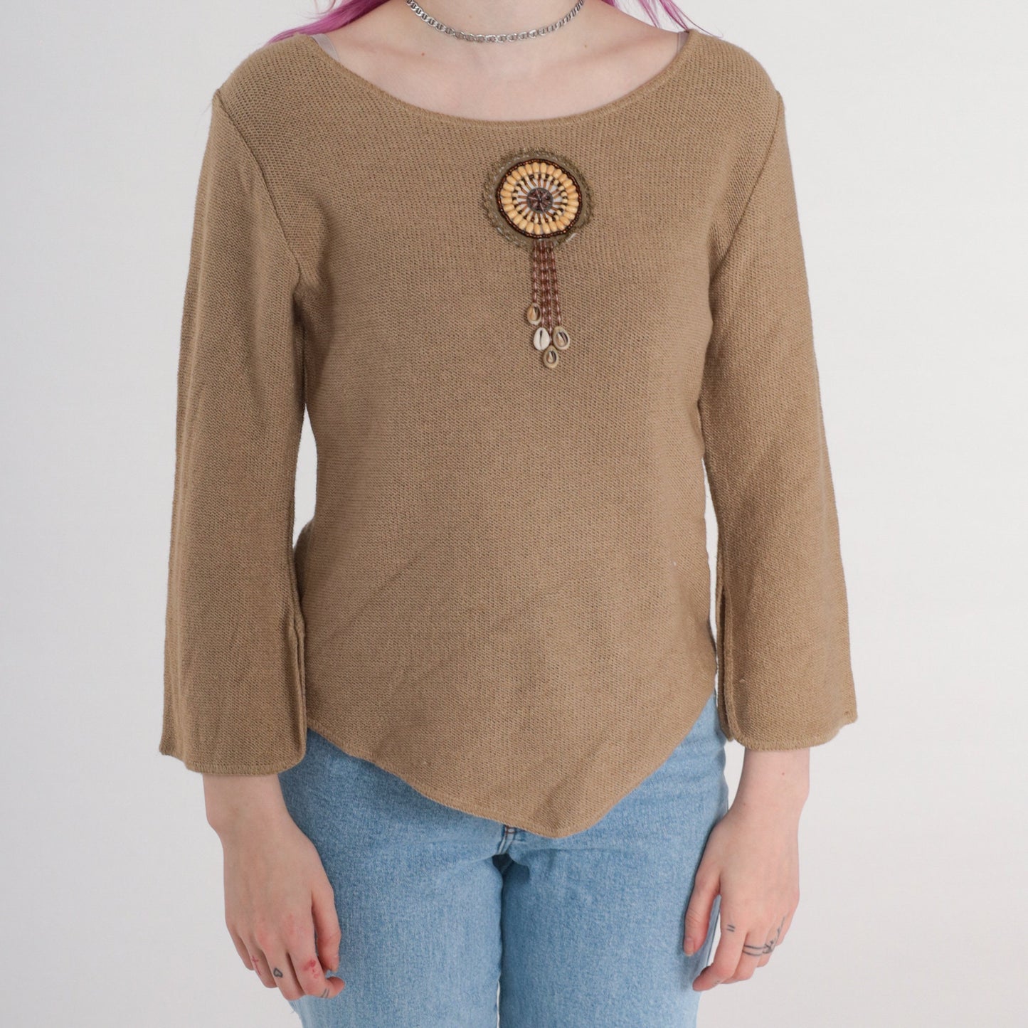 90s Taupe Knit Sweater Beaded Seashell Fringe Bell Sleeve Small