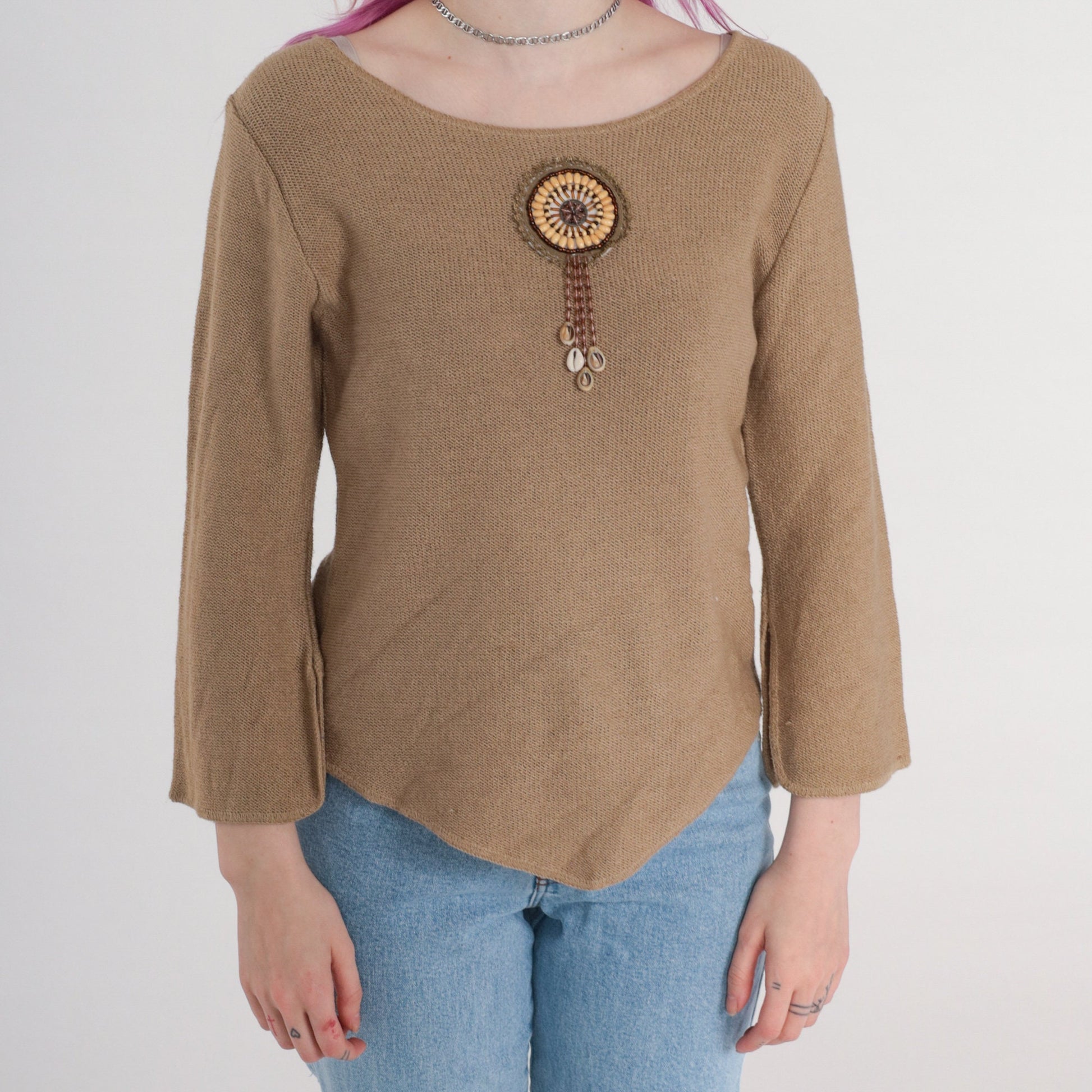 90s Taupe Knit Sweater Beaded Seashell Fringe Bell Sleeve Small