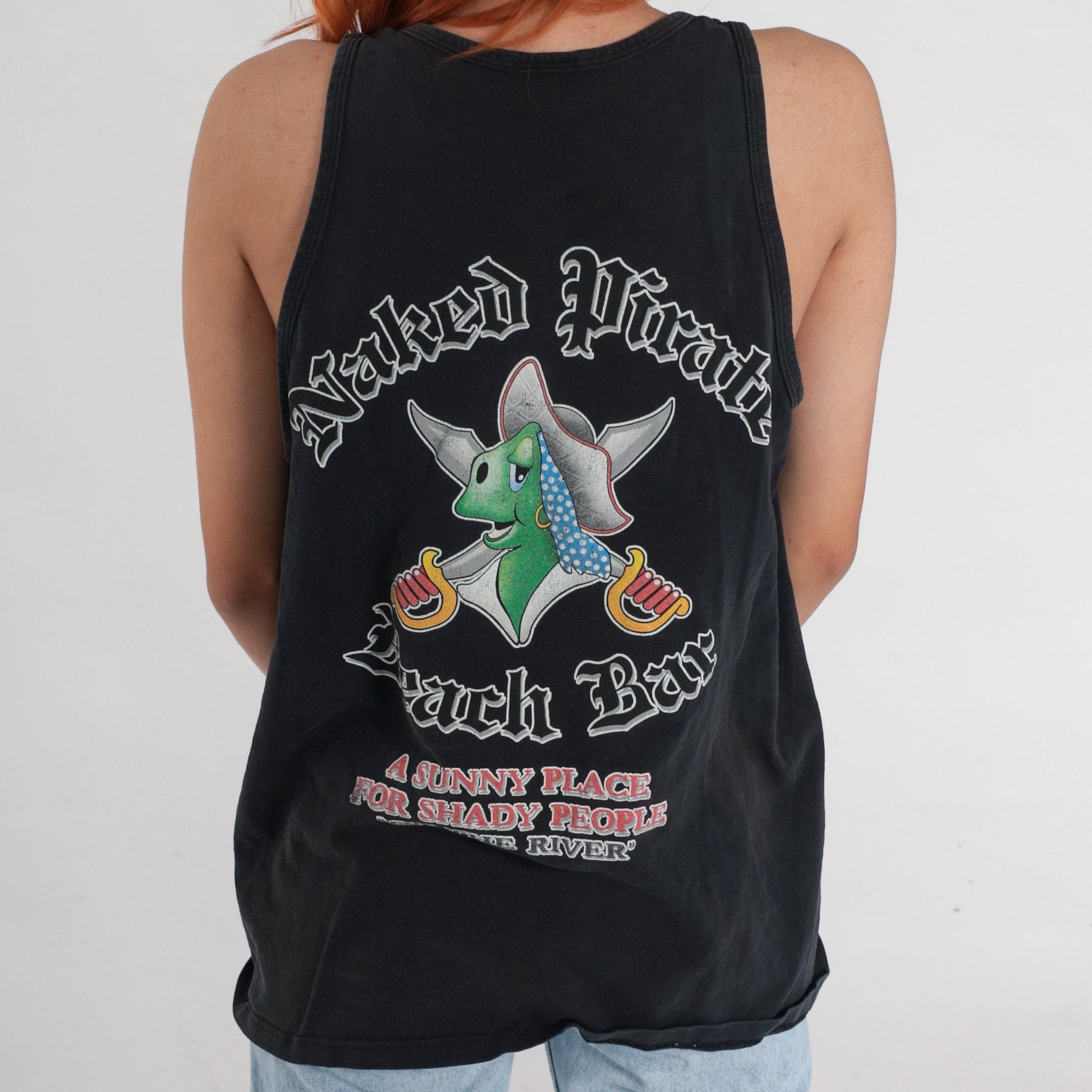 90s Pirate Cove Beach Bar Tank Top Black Graphic Cotton Medium Large