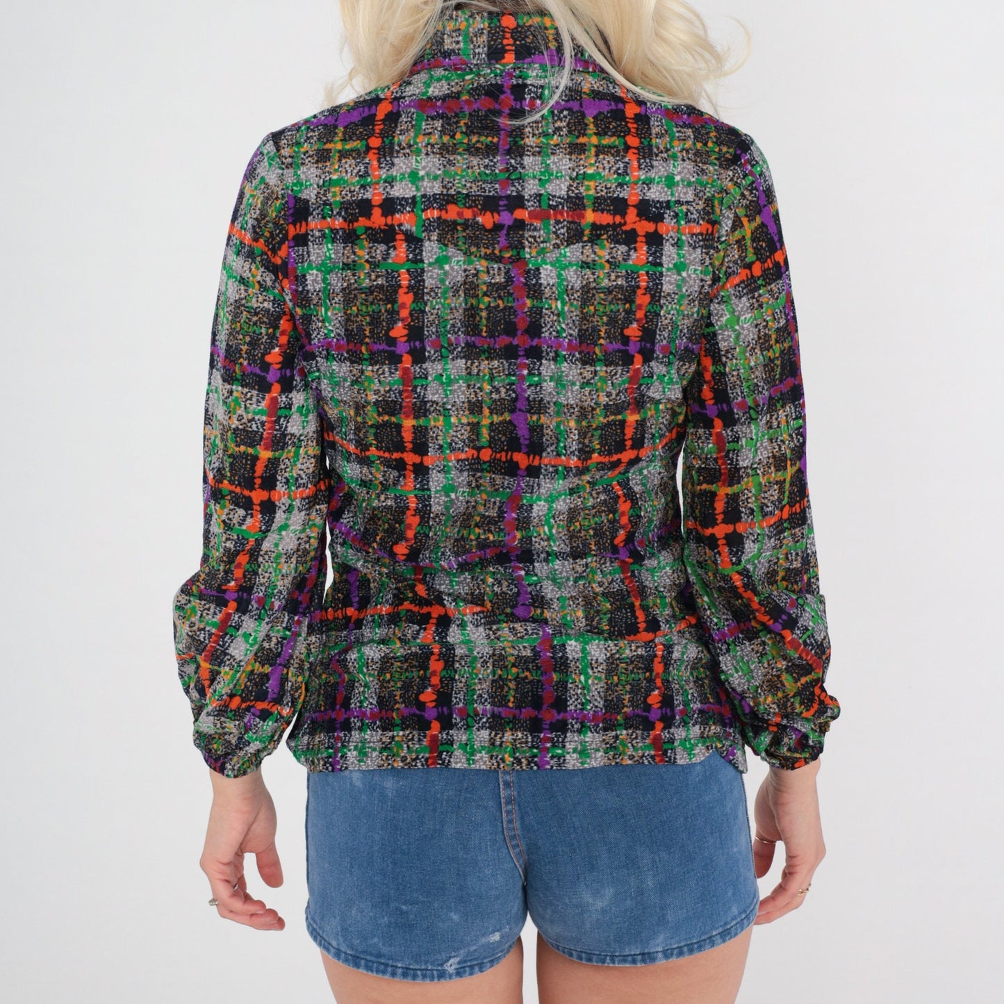 70s Panhandle Slim Checkered Zip Blouse Dagger Collar Multicolor Small S