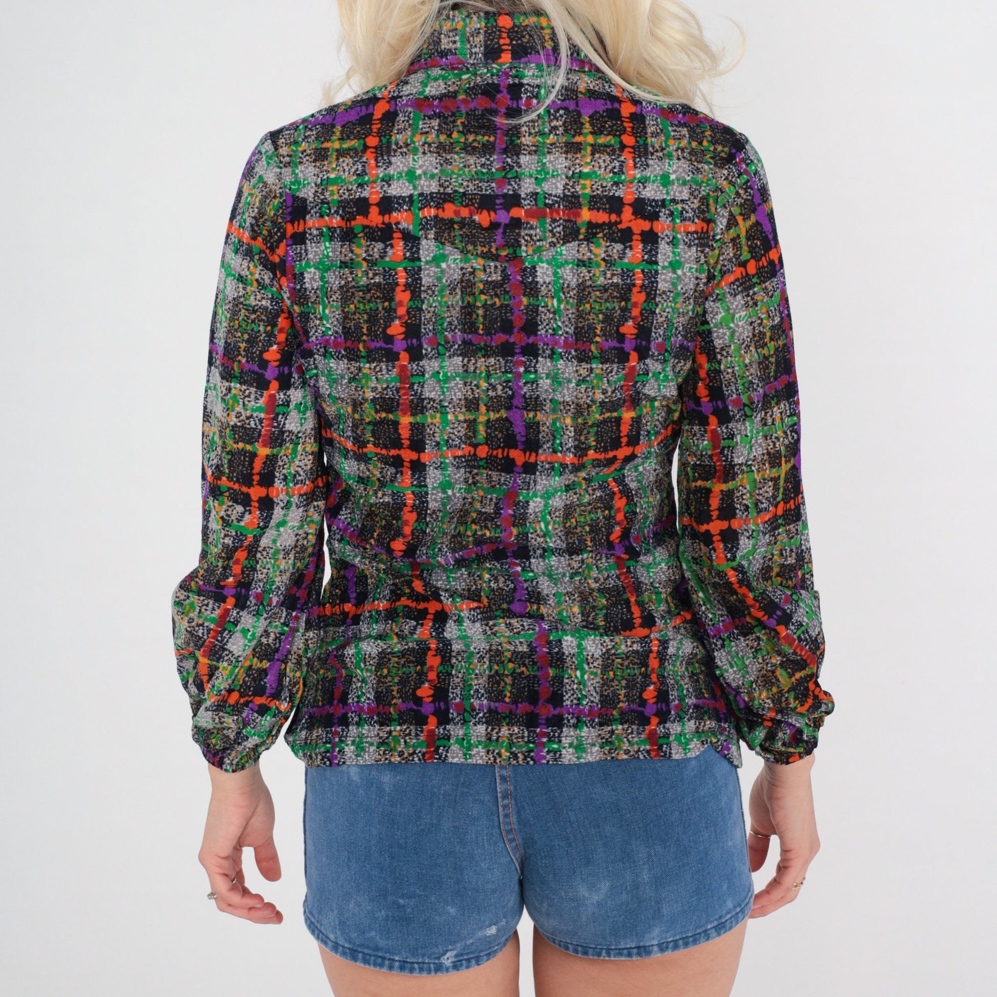 70s Panhandle Slim Checkered Zip Blouse Dagger Collar Multicolor Small S