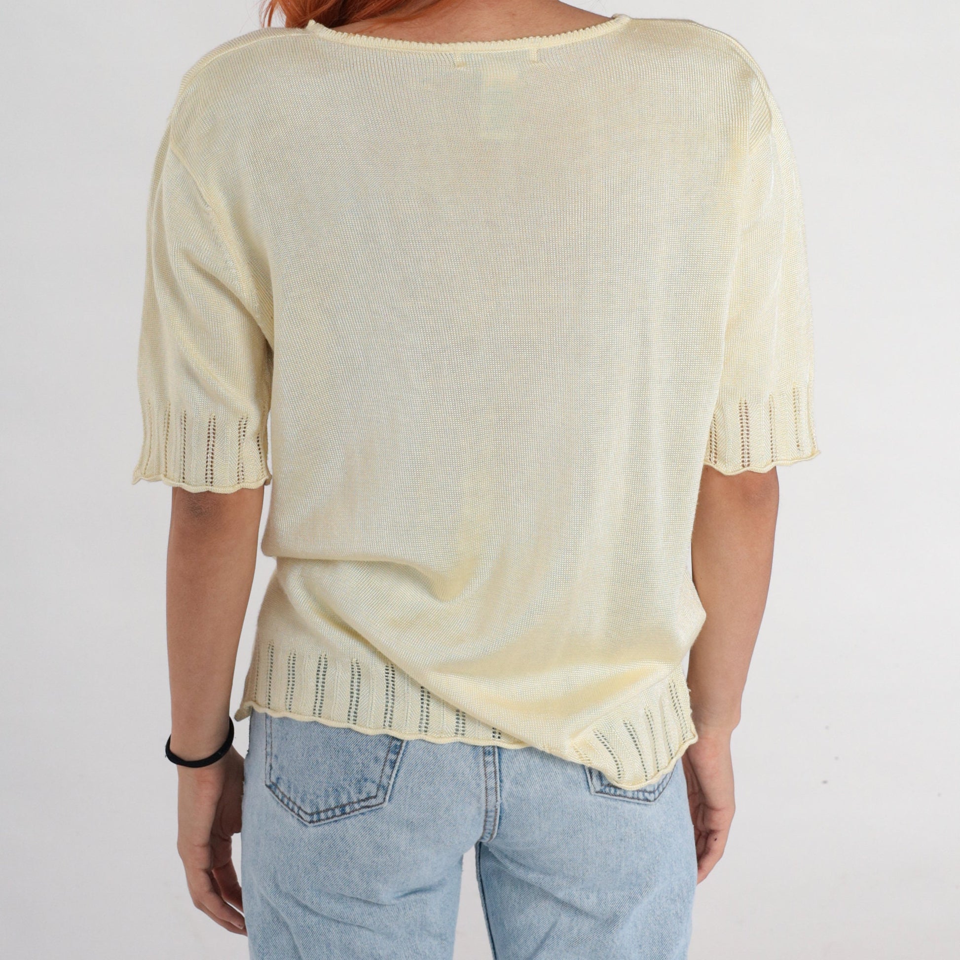 90s Pale Yellow Knit Cutout Blouse Short Sleeve Medium