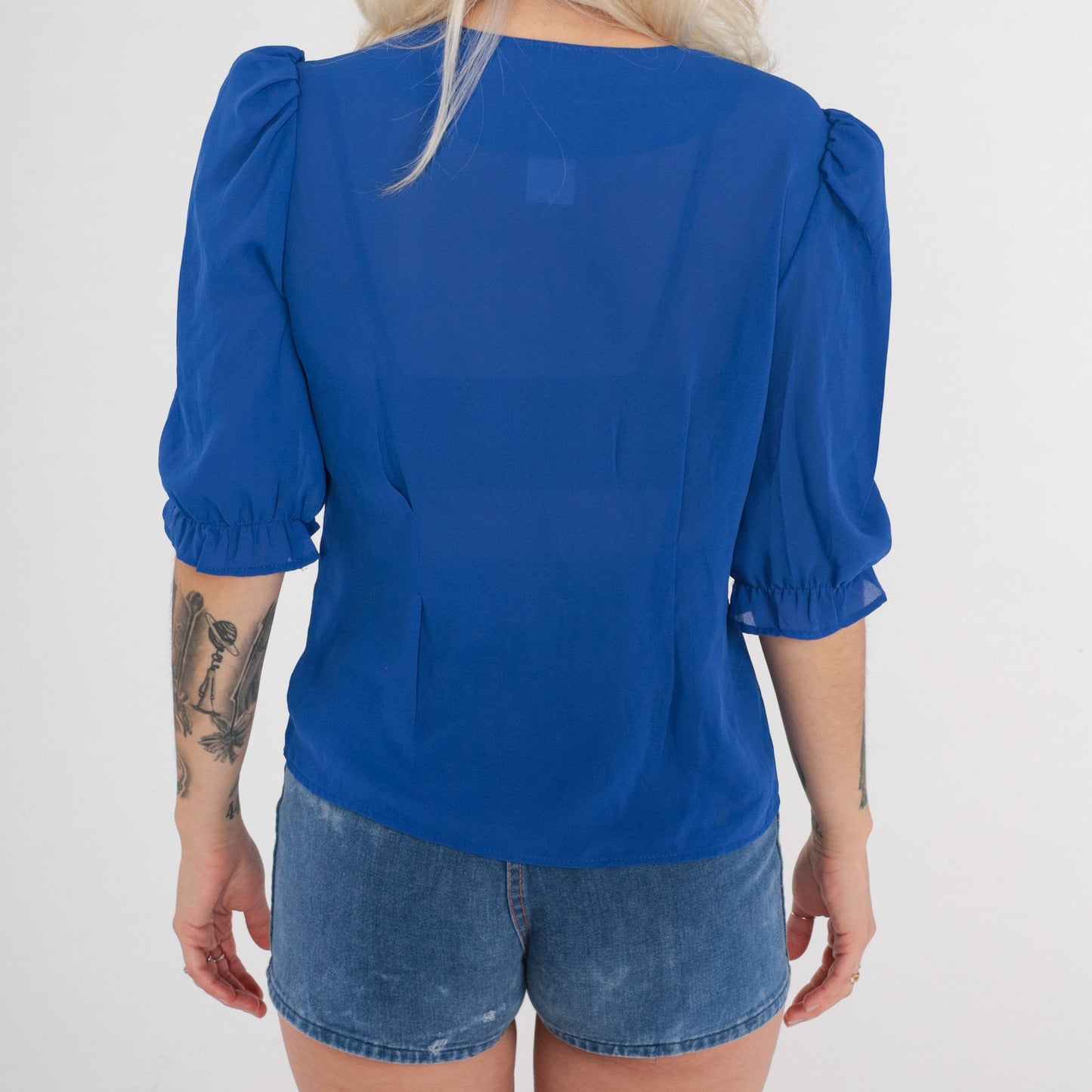 70s Royal Blue Sheer Blouse Puff Sleeve Button Up V Neck Small