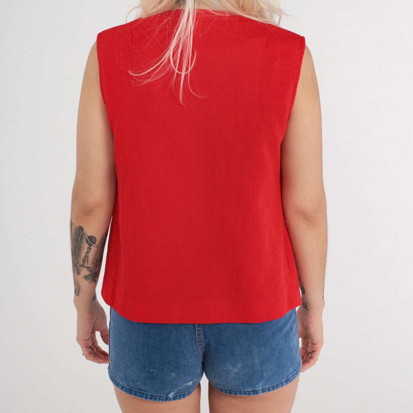 70s Red Sleeveless Vest Open Front Polyester Knit Small