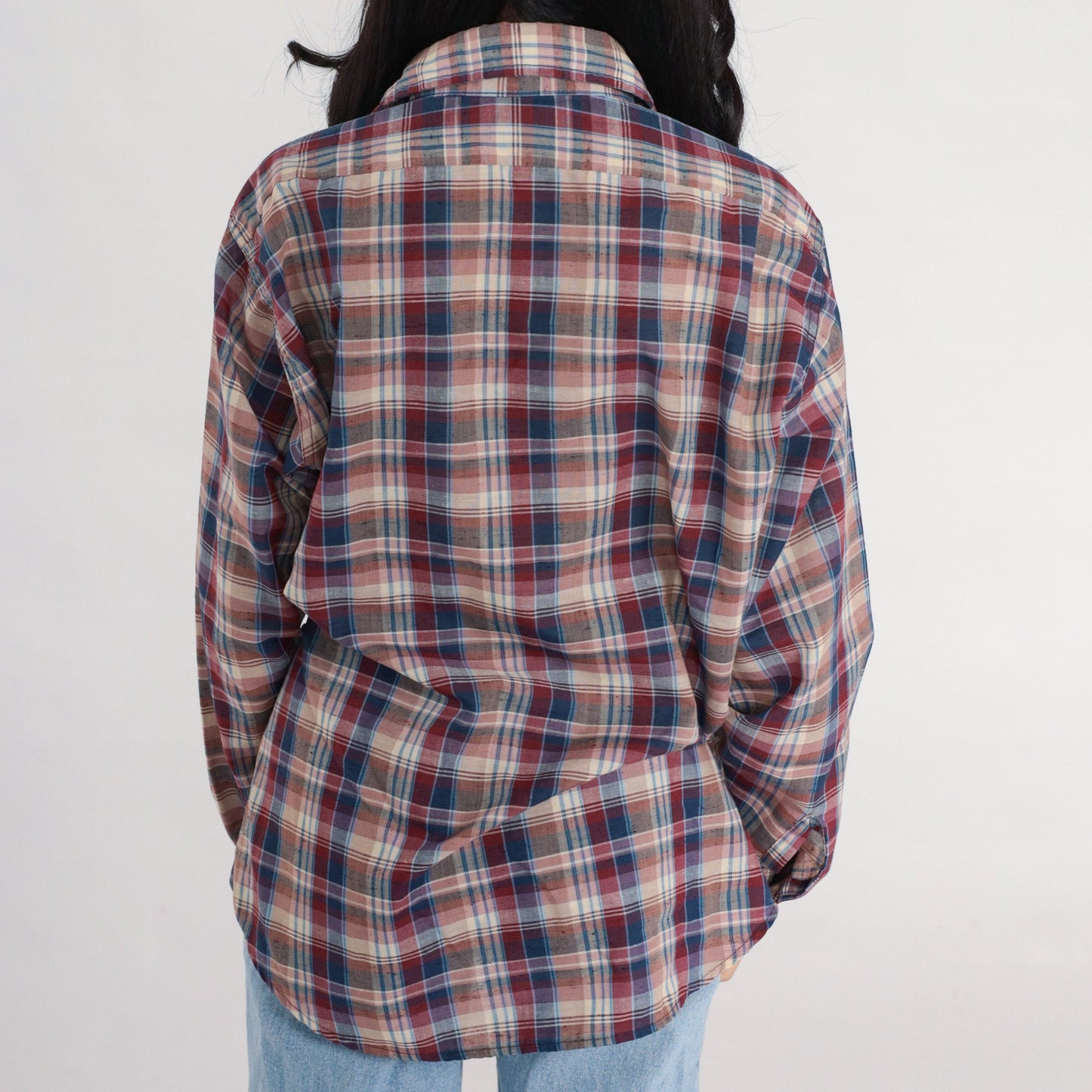 80s Levi's Plaid Button-Up Shirt Long Sleeve Red Blue Tan Large L