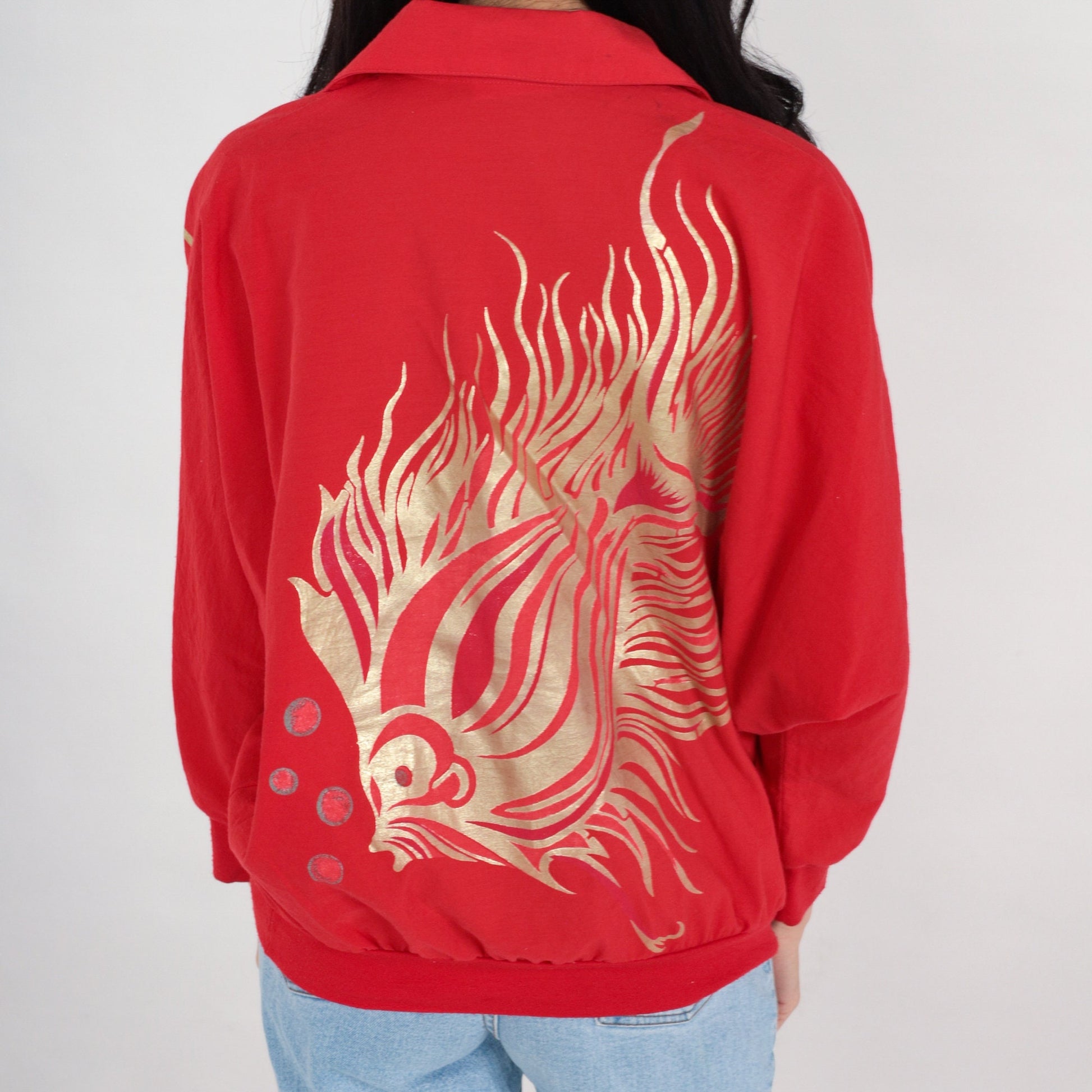 90s Red Fish Metallic Gold Graphic Collared Blouse Long Sleeve Medium M