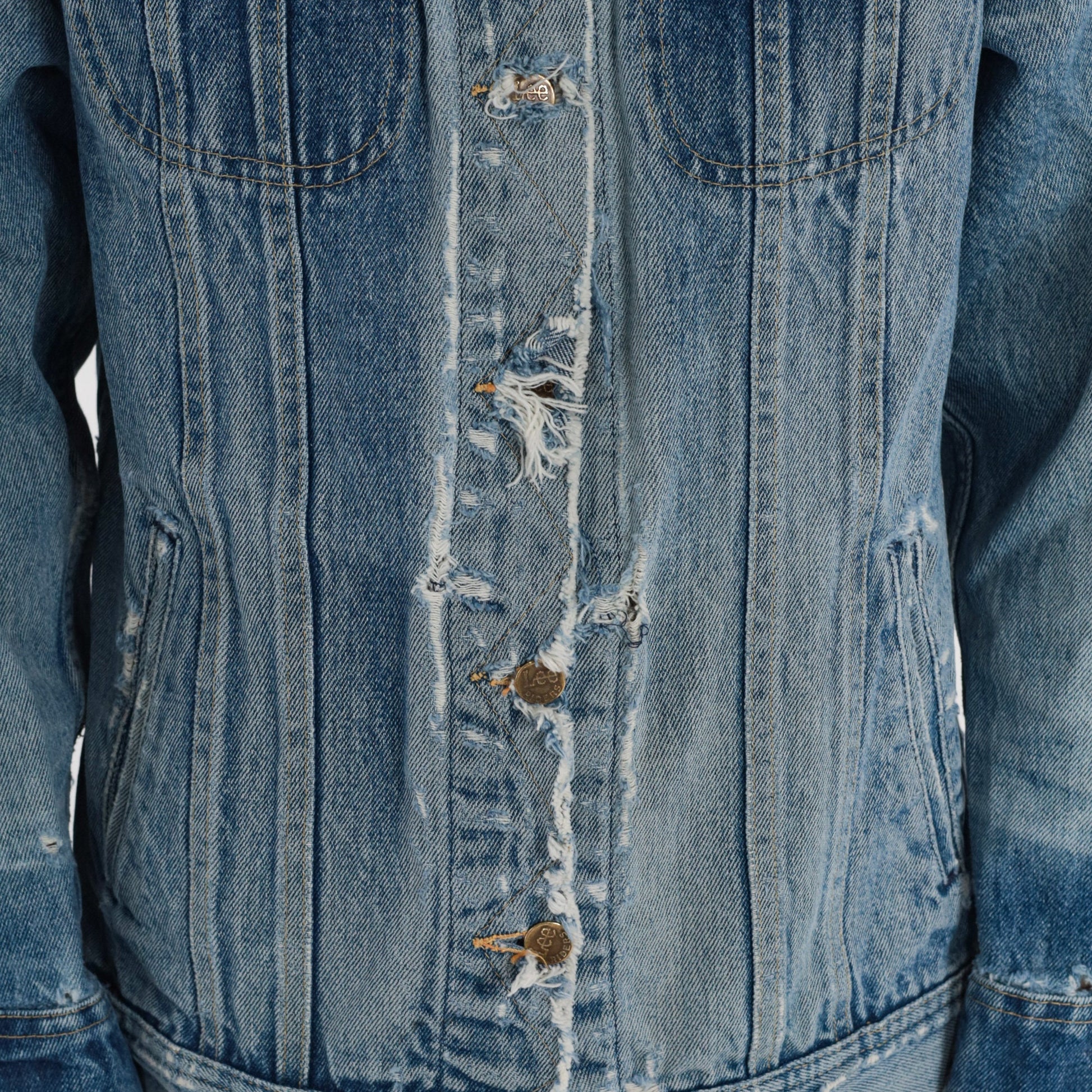 80s Lee Denim Jacket Distressed Ripped Blue Wash Trucker Small S