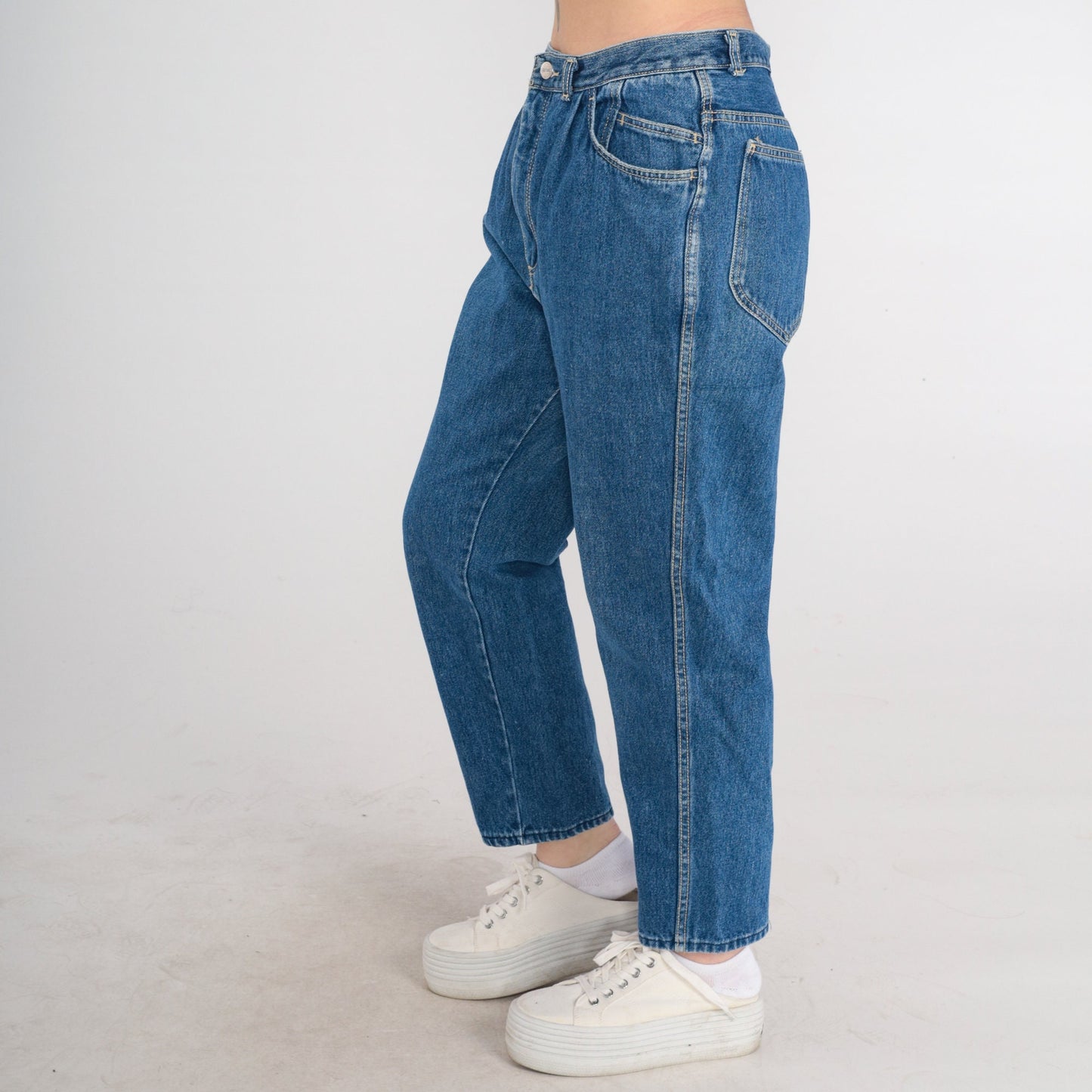 90s High Waisted Pleated Mom Jeans Tapered Denim Blue Medium