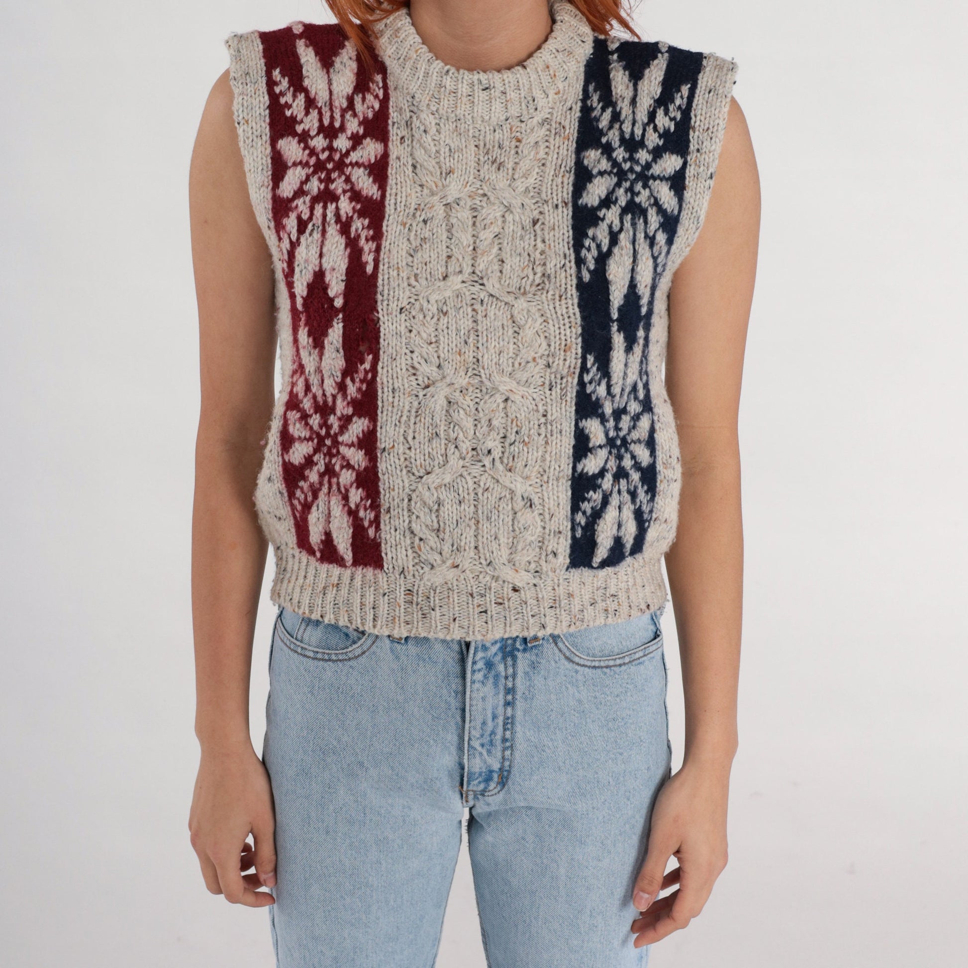 90s Fair Isle Cable Knit Sweater Vest Oatmeal Flecked Nordic Top Extra Small