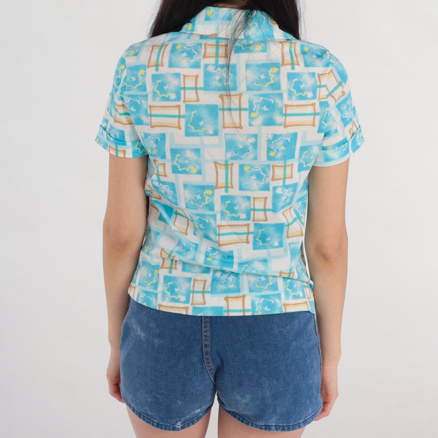 70s Checkered Abstract Print Shirt Pointed Collar White Blue Polo Small