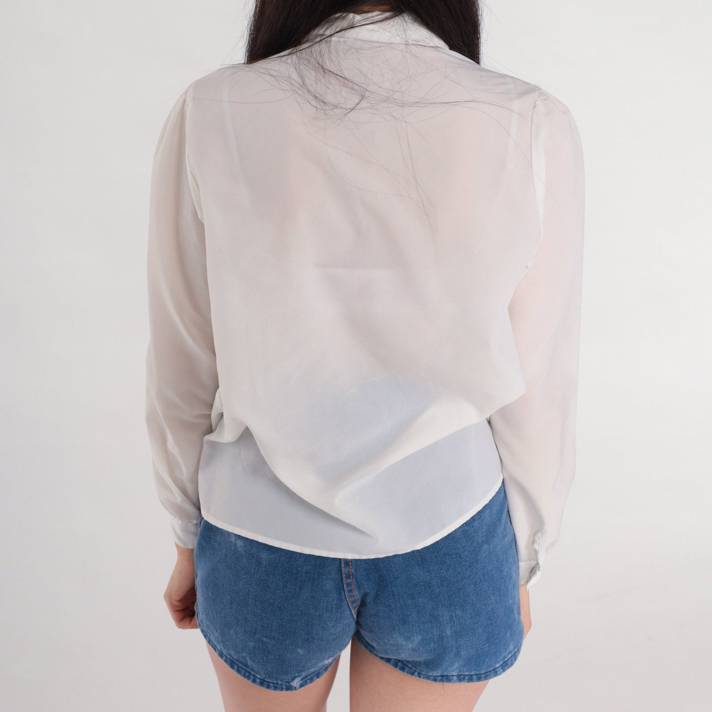 80s White Pleated Blouse Puff Sleeve Collared Button-Up Medium M