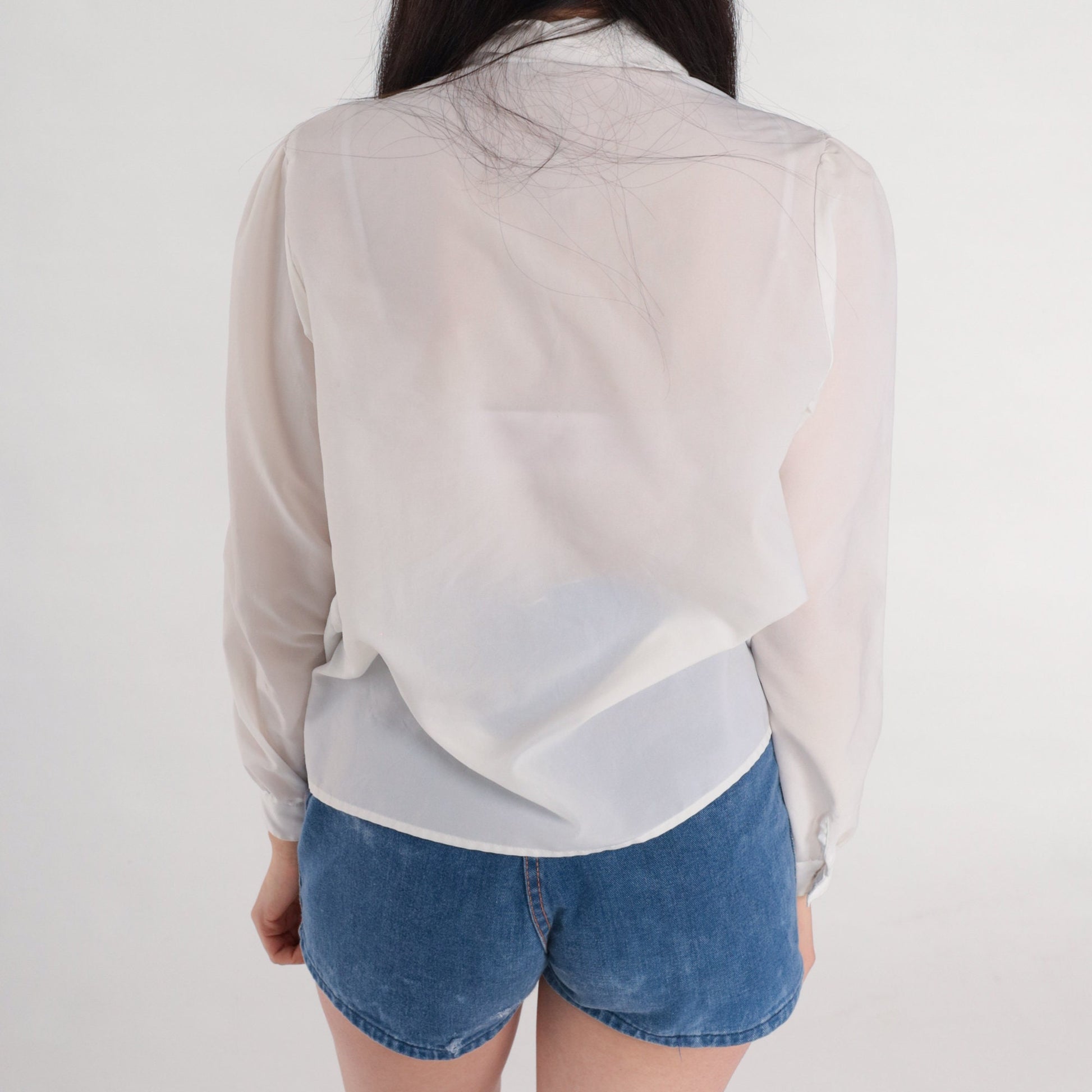 80s White Pleated Blouse Puff Sleeve Collared Button-Up Medium M
