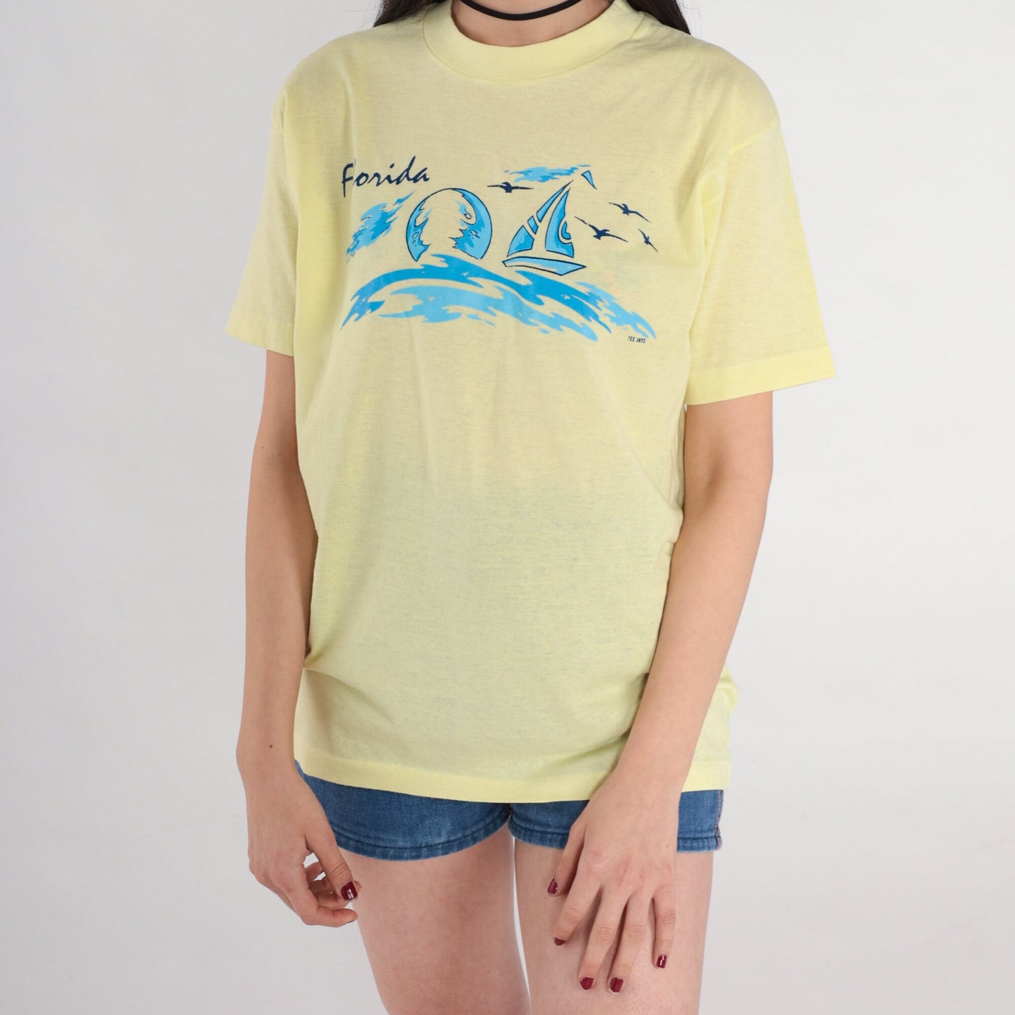 80s Florida Sailboat Graphic T-Shirt Yellow Single Stitch Tee Medium Large
