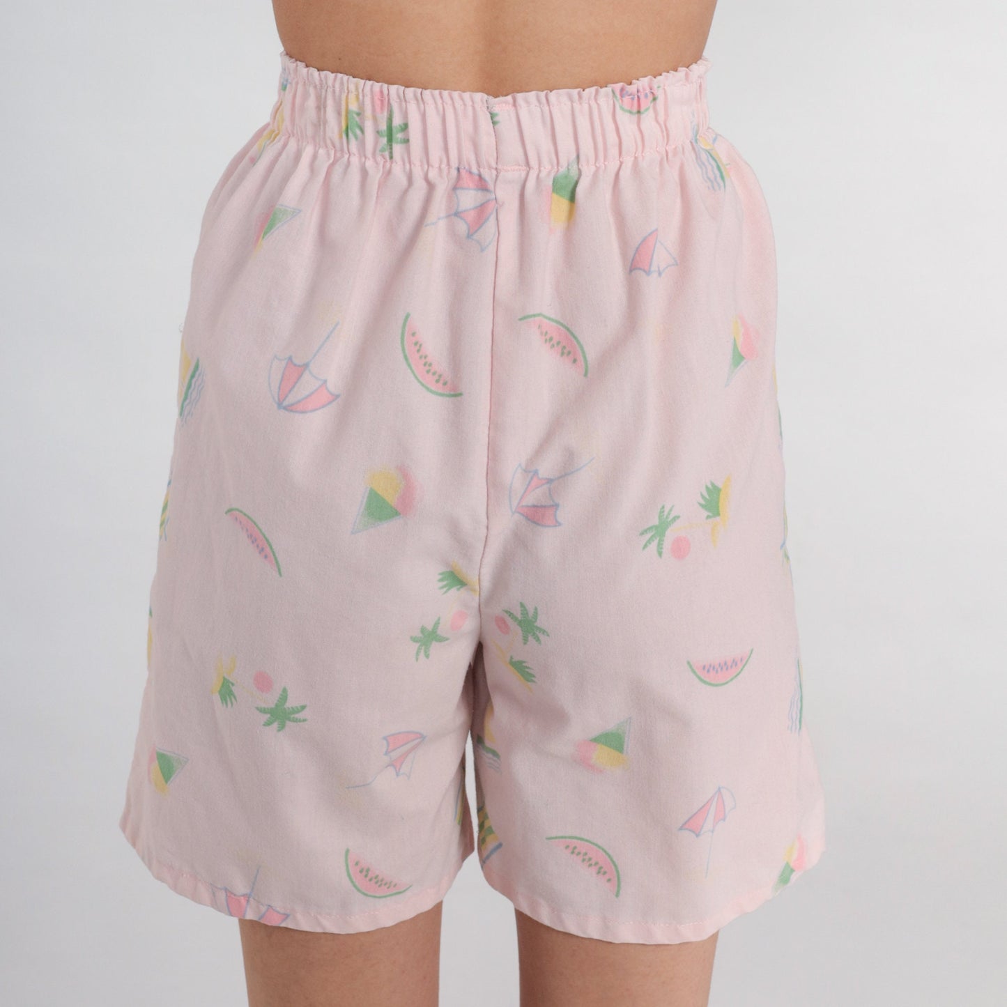 90s Pastel Pink High-Waisted Shorts Watermelon Palm Tree Sailboat Print XXS
