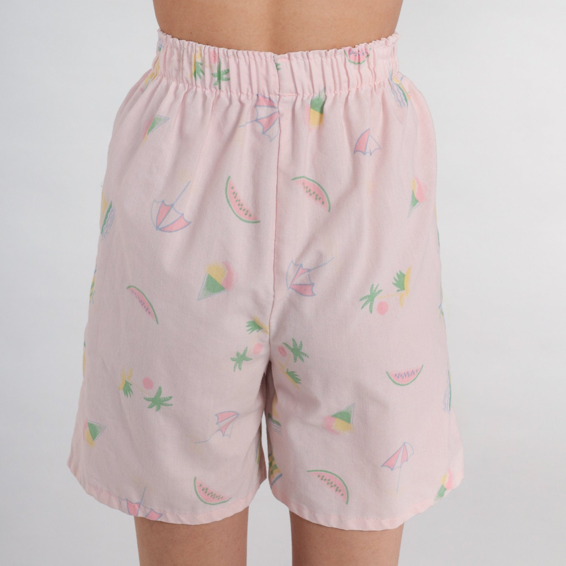 90s Pastel Pink High-Waisted Shorts Watermelon Palm Tree Sailboat Print XXS