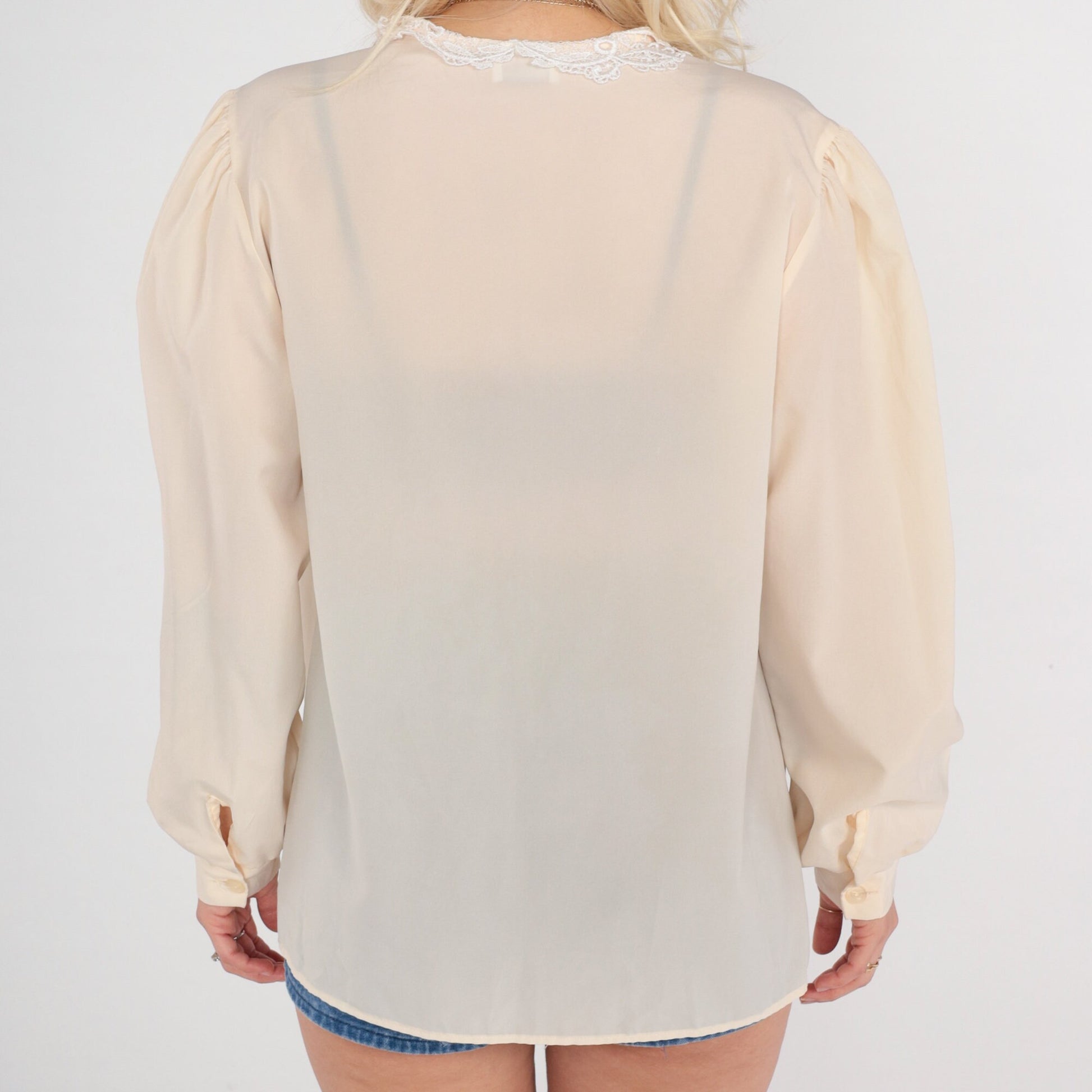 80s Cream Puff Sleeve Button-Up Blouse Lace Collar Long Sleeve Large