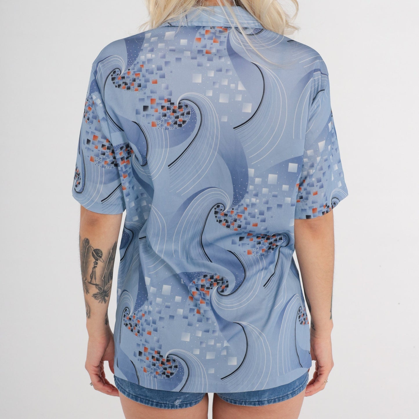 70s Blue Geometric Swirl Shirt Dagger Collar Button Up Short Sleeve Large