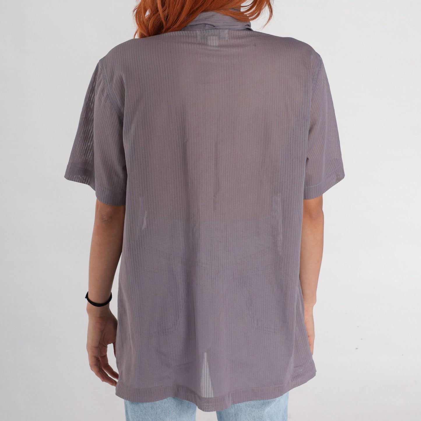 90s Grey Striped Zip-Up Shirt Short Sleeve Semi-Sheer Blouse Medium
