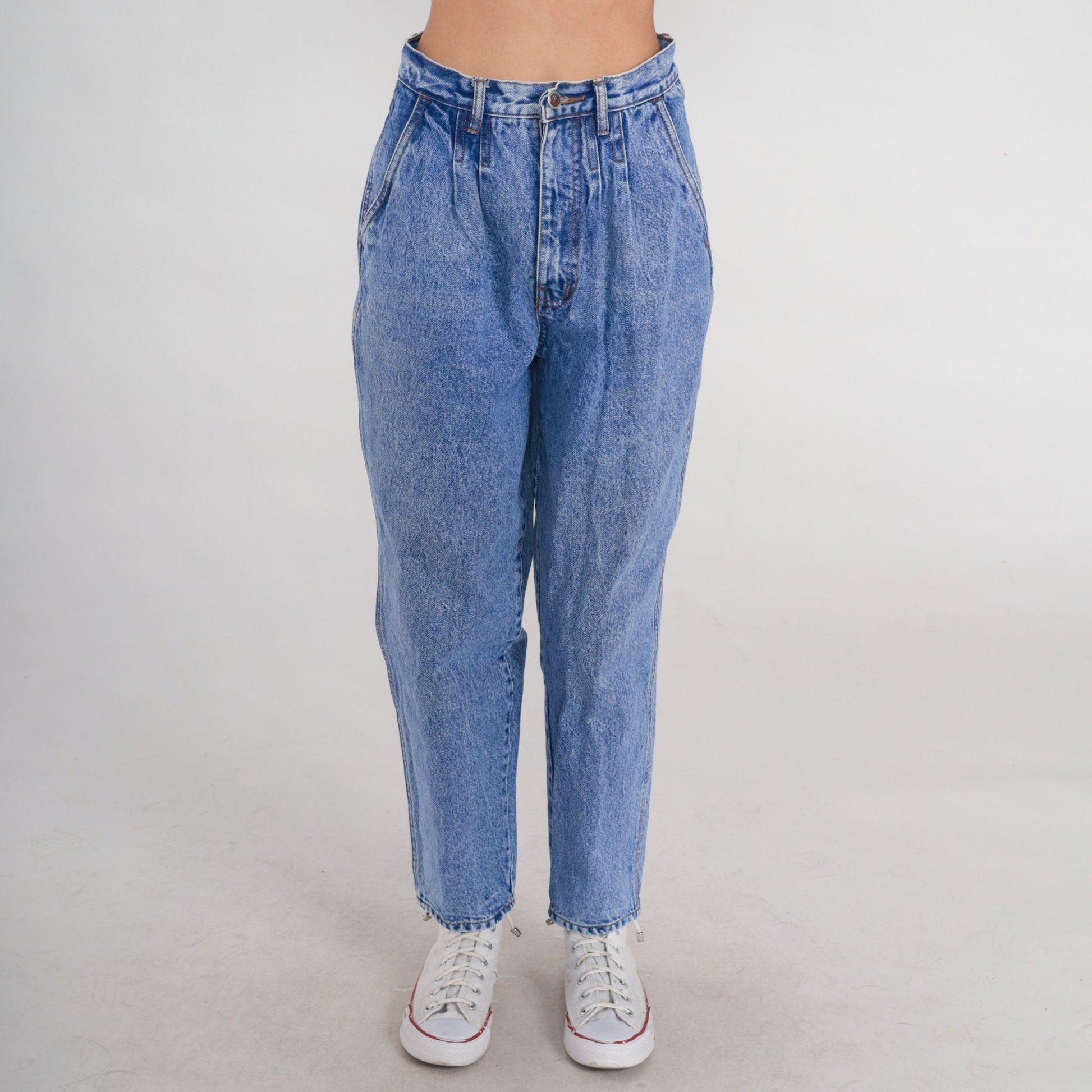 90s Bill Blass High Waist Pleated Tapered Denim Jeans Blue Small