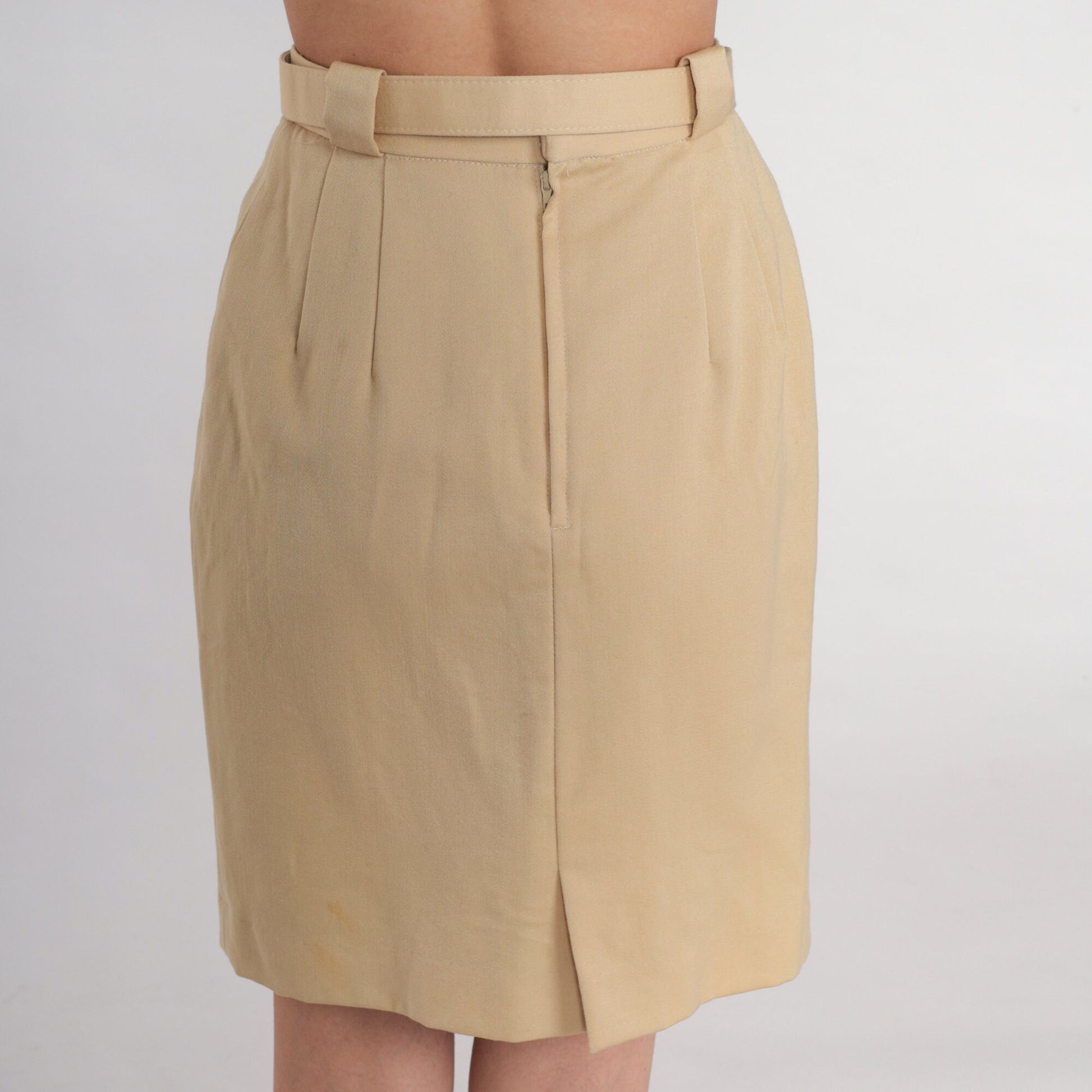 80s Tan Wool Pencil Skirt High Waisted Mini Attached Belt XXS