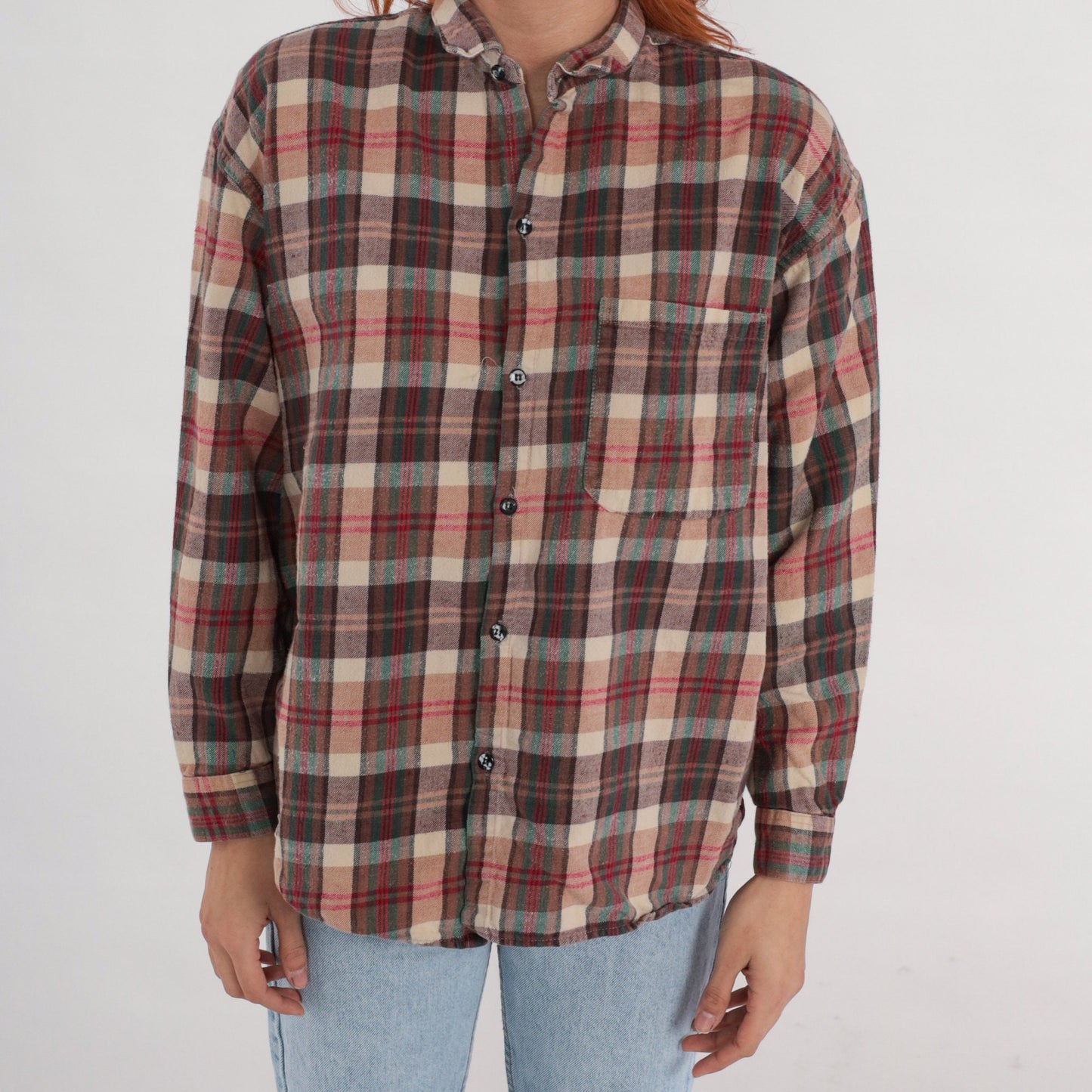 90s Brown Plaid Button-Up Shirt Long Sleeve Checkered Flannel Large L