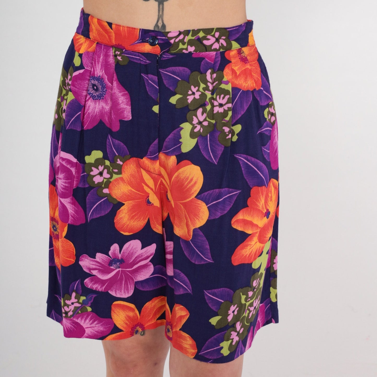 90s Tropical Floral High-Waist Shorts Purple Orange Rayon Medium