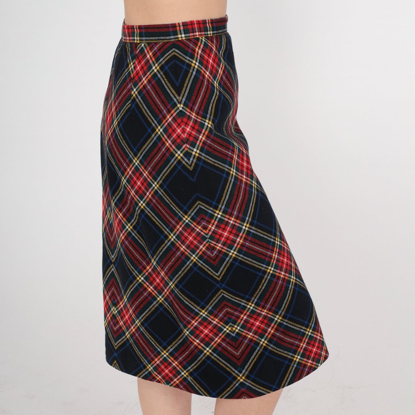 70s Wool Plaid Midi Skirt High Waist Black Red Tartan Small S